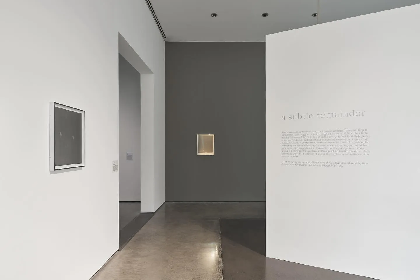 Gallery installation of A Subtle Remainder with wall title and framed works