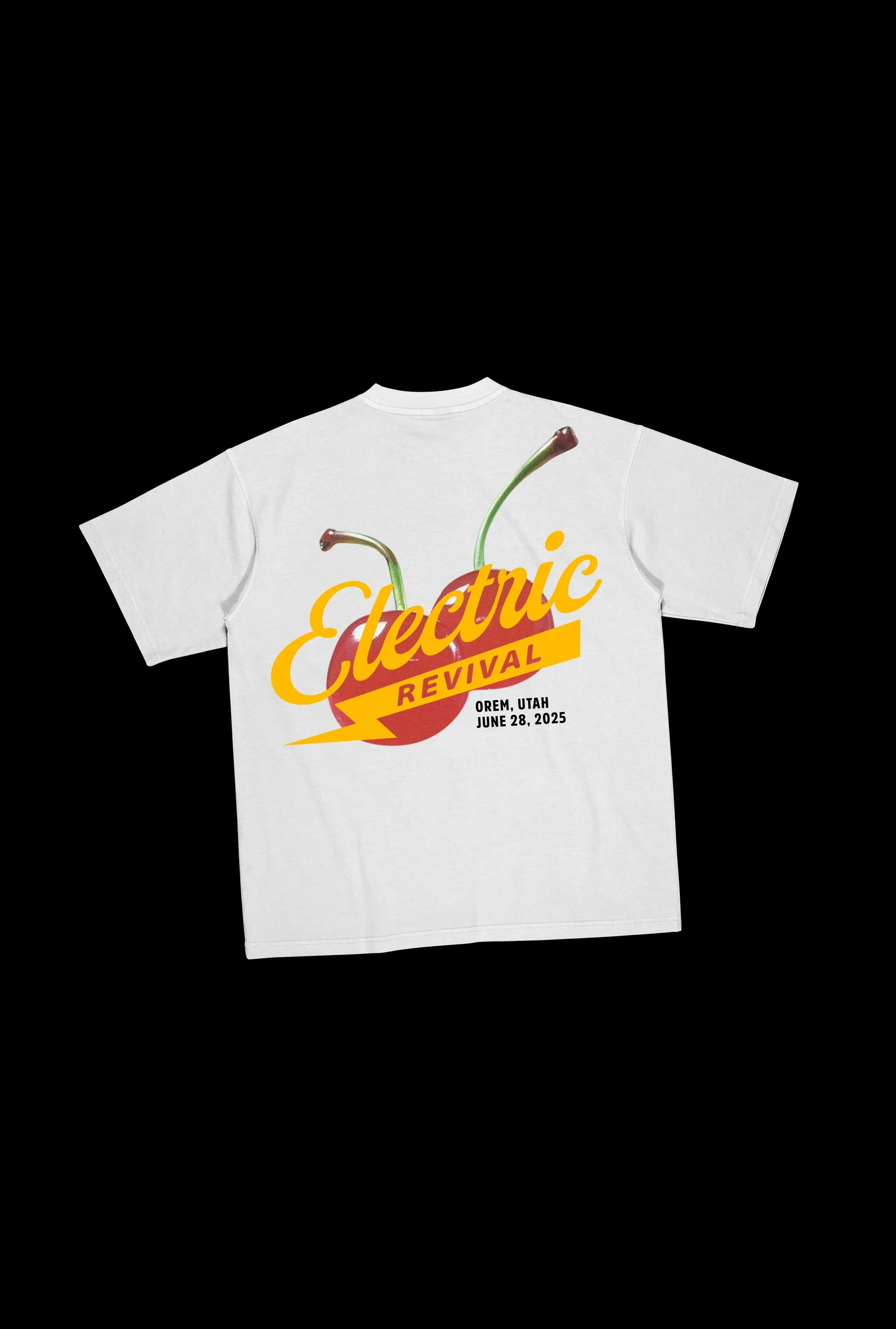 White Electric Revival t-shirt back with cherries and yellow script logo