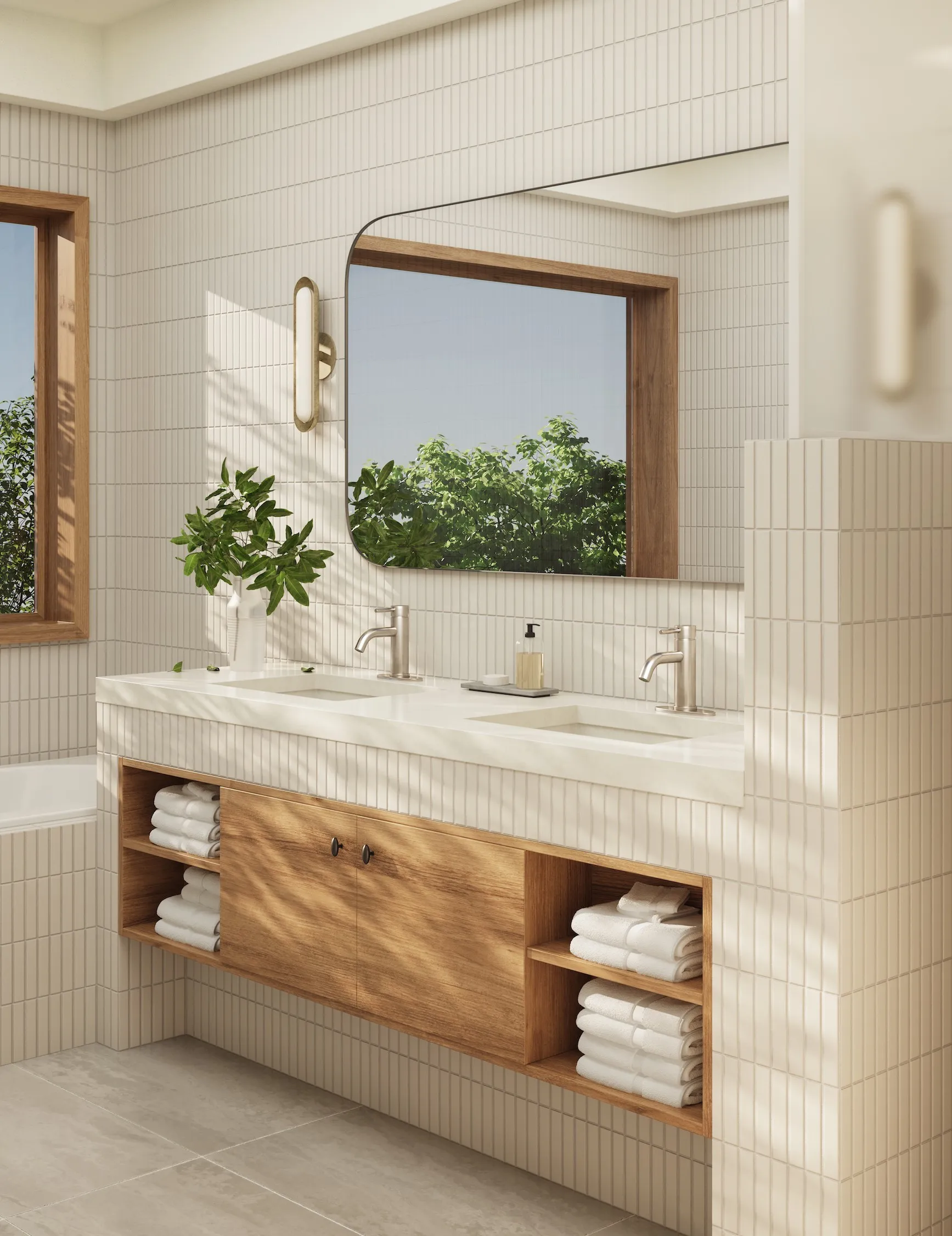 Danska 3D render of a tiled bathroom vanity with two faucets