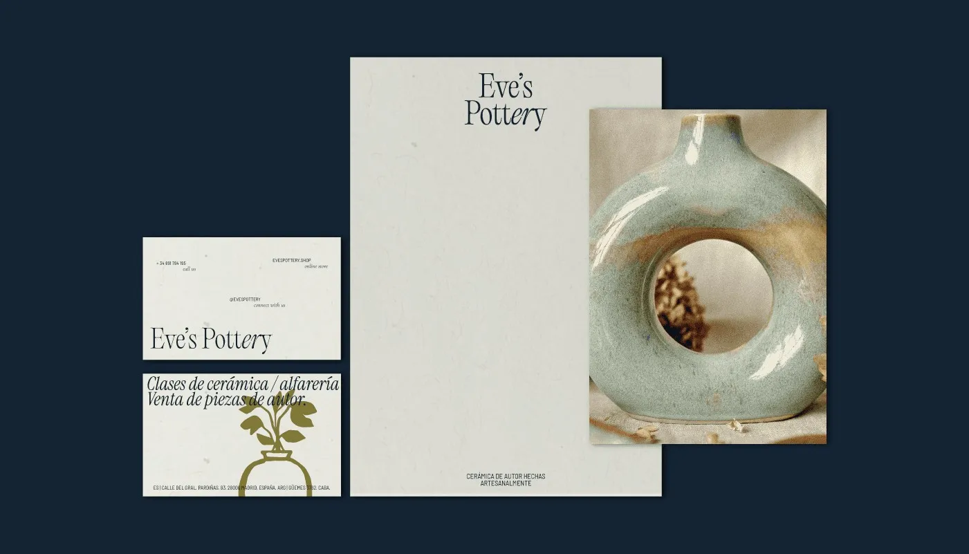Eve's Pottery letterhead, business cards, and a photo of a ceramic vase