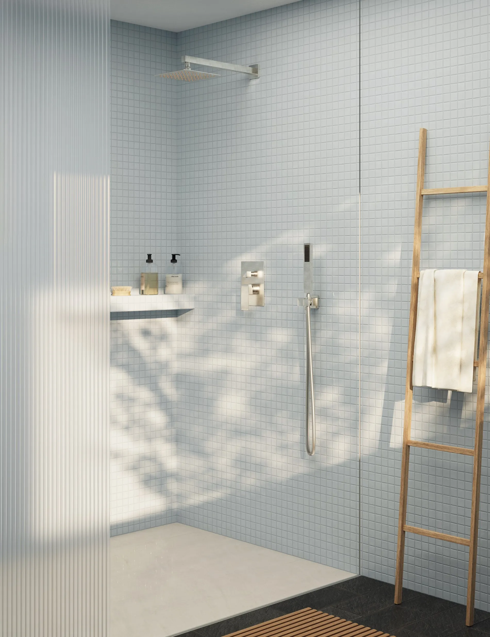 Danska render of a pale blue tiled shower with ladder towel rack