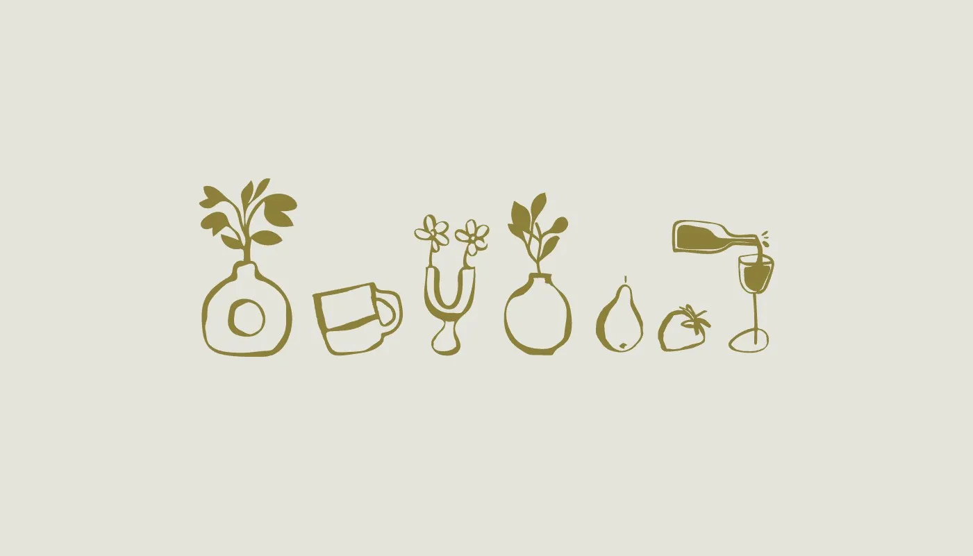Row of olive line drawings of vases, cups, fruit, and wine