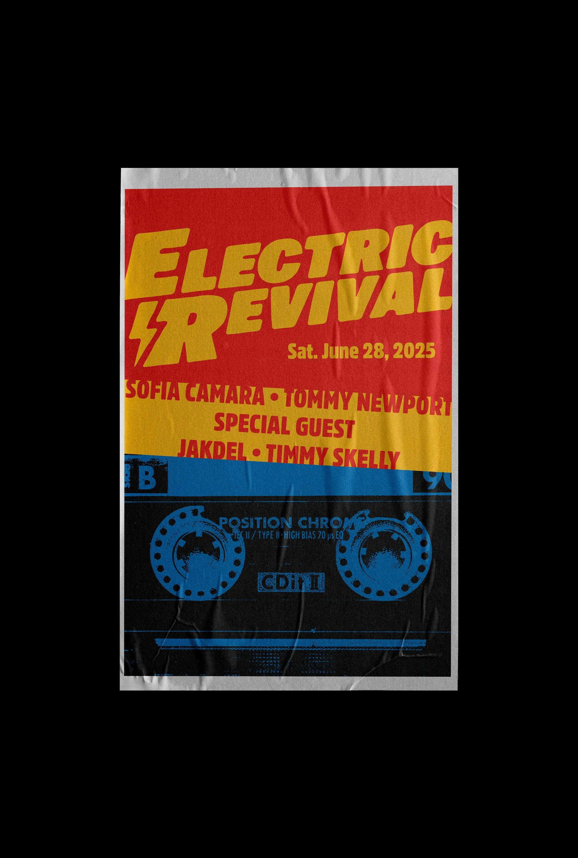 Electric Revival poster in red, yellow and blue with lineup and cassette graphic
