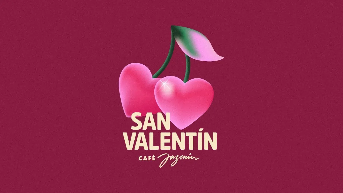 Heart-shaped cherries illustration with San Valentín and Café Jazmín lettering on burgundy