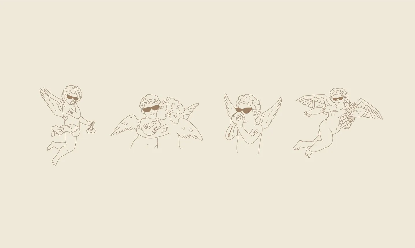 Four line illustrations of cherubs wearing sunglasses on cream
