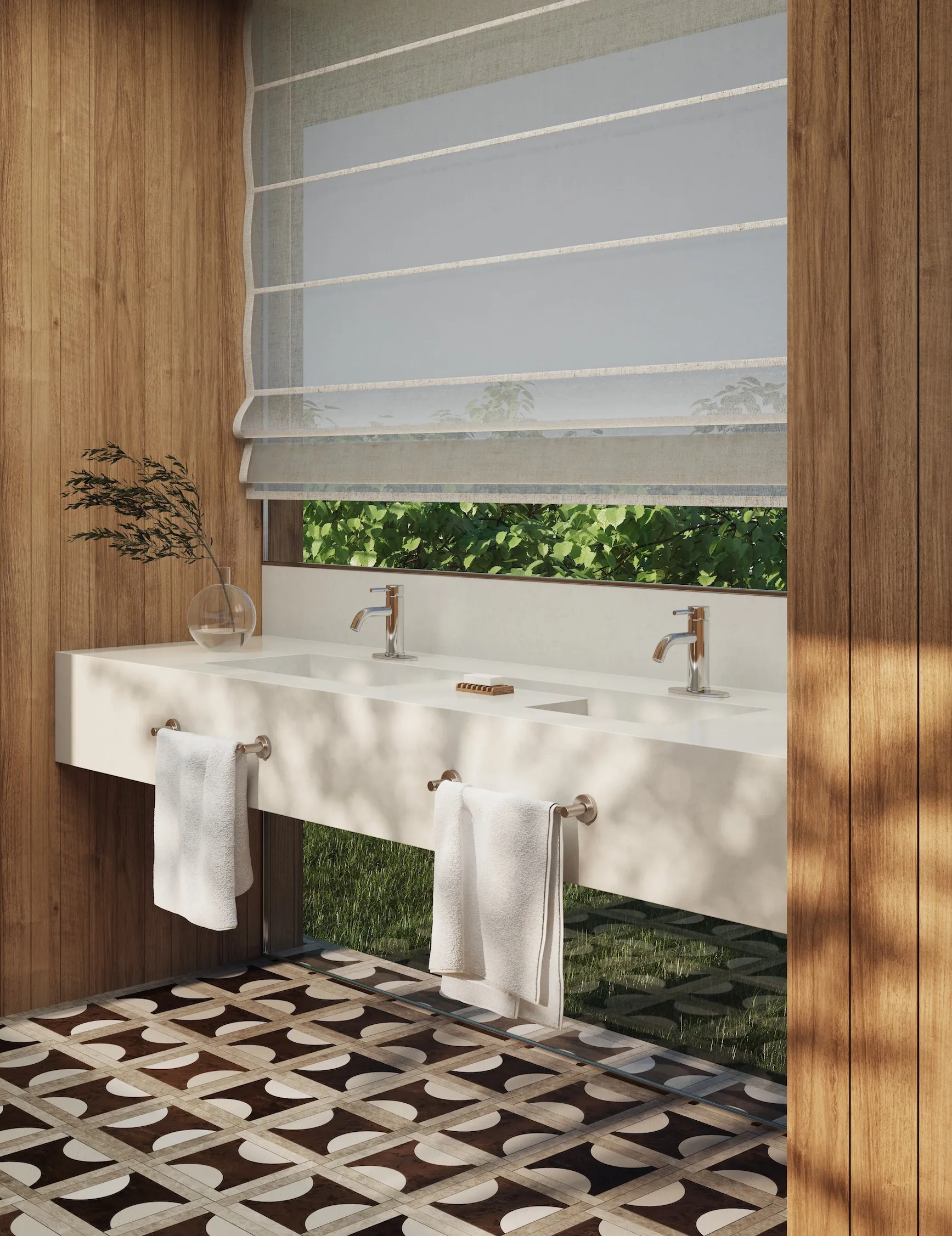 Danska render of a double sink with towels and patterned floor tiles