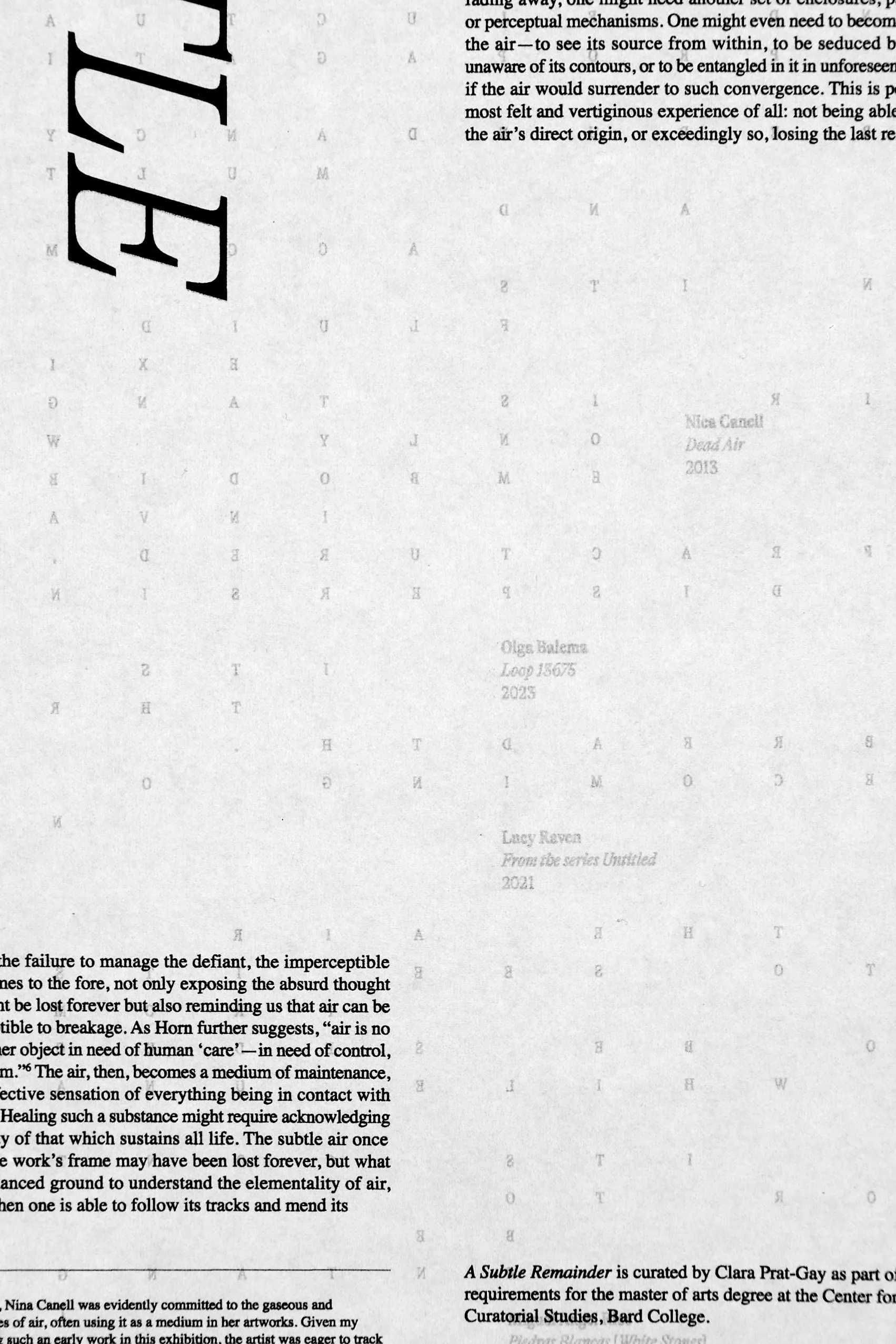 Close crop of A Subtle Remainder essay text, artist credits and grid of letters