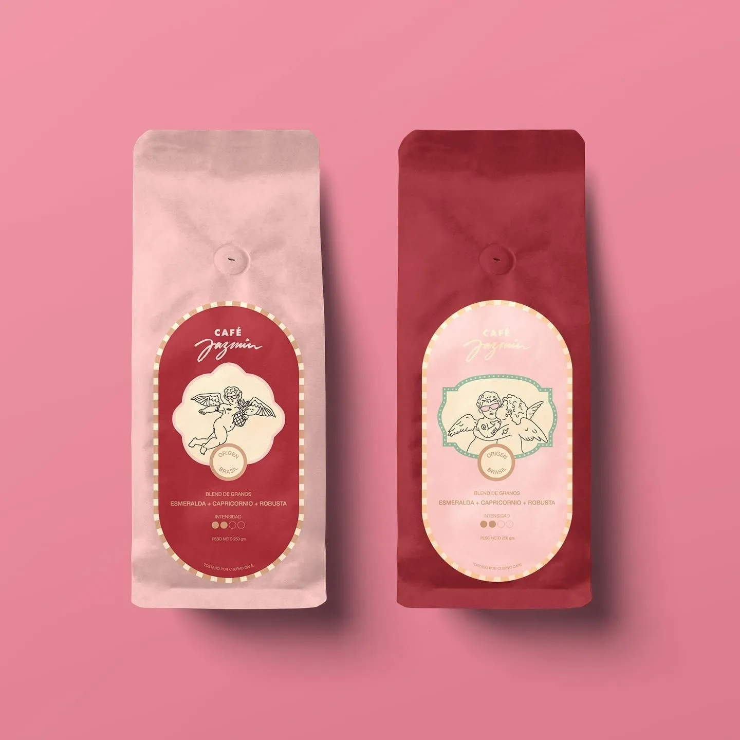 Two Café Jazmín coffee bags in pink and burgundy with angel labels