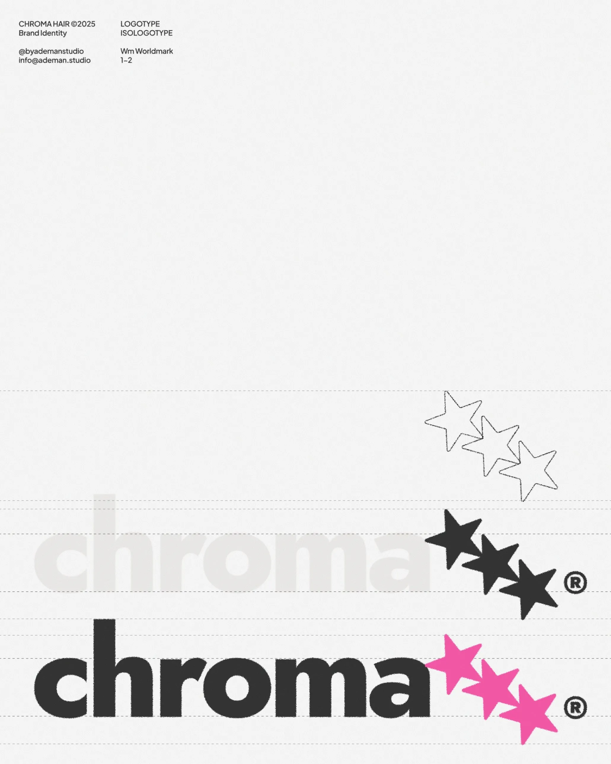 Chroma logotype sheet: the chroma wordmark with three stars in outline, black and pink