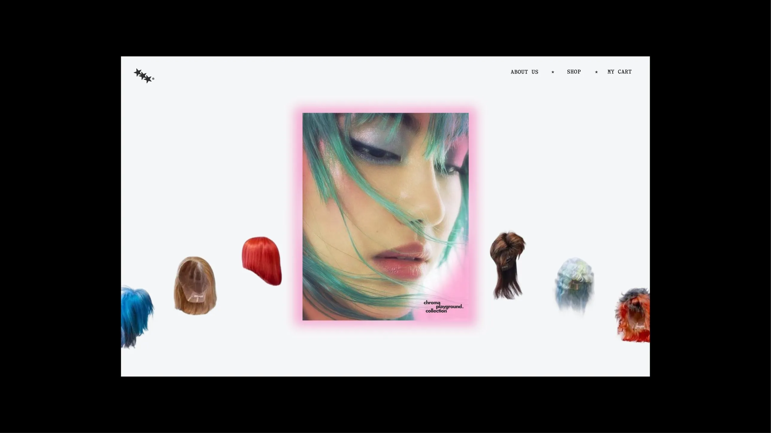Chroma website home page with a playground collection portrait and colorful wigs