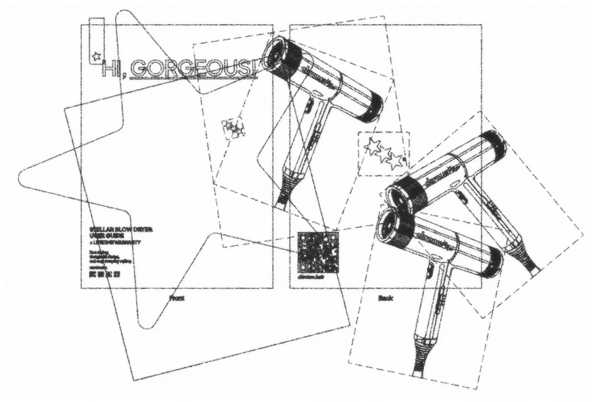 Line drawing of the Chroma blow dryer user guide, front and back, with star outlines and three dryers