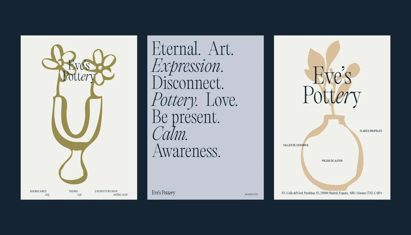 Three Eve's Pottery posters with vase illustrations and serif type