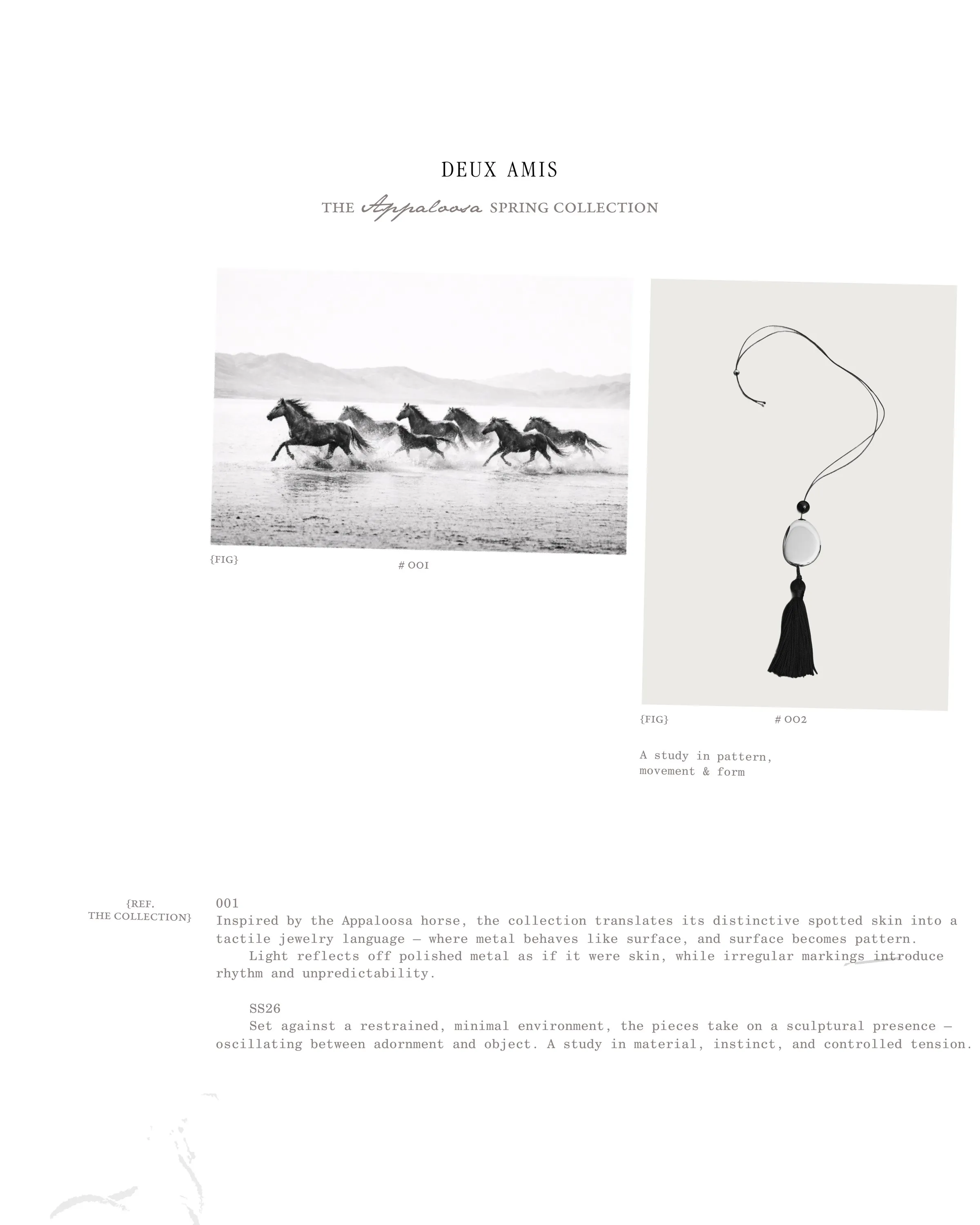 Deux Amis Appaloosa Spring Collection layout: horses running through water beside a pendant necklace with a black tassel