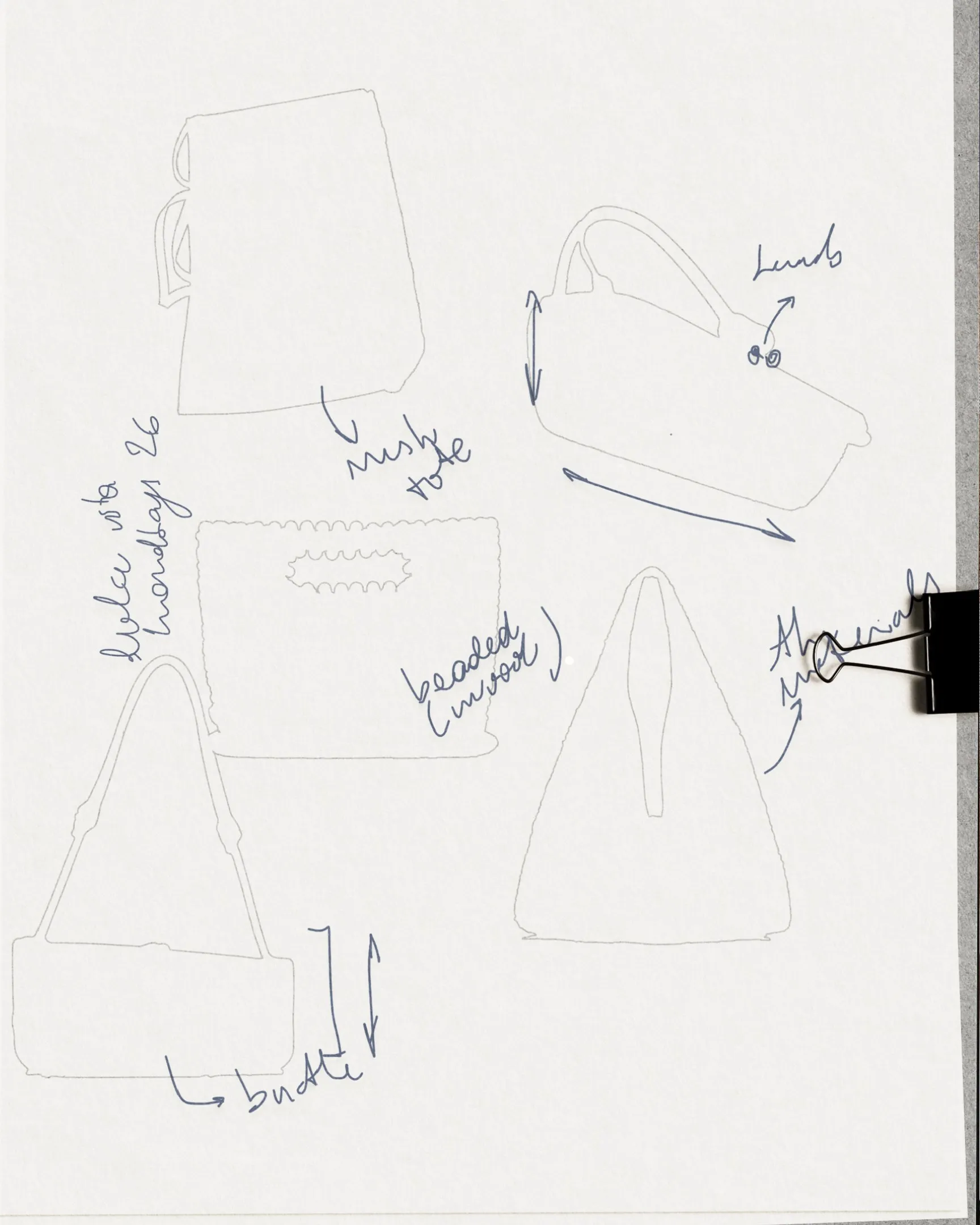 Dolce Vita post: pencil sketches of handbag shapes with handwritten notes in a sketchbook