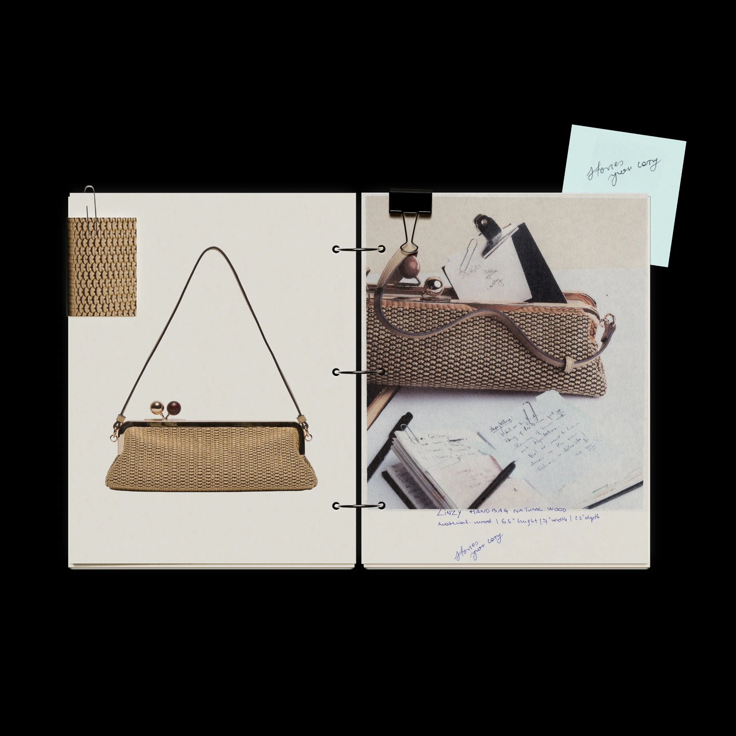 Linzy raffia frame bag on a binder page next to a photo of the bag holding a note that reads Stories you carry