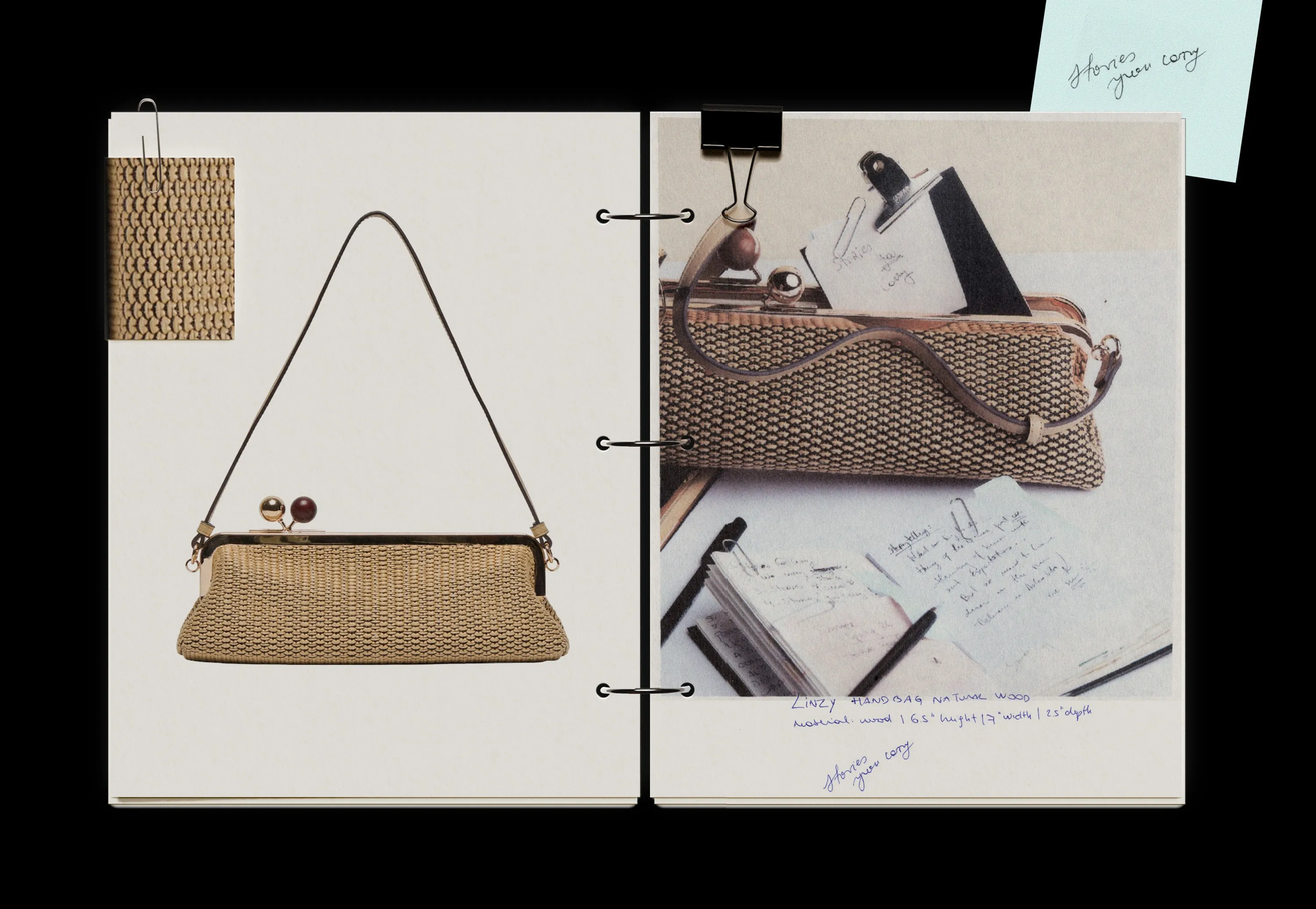 Linzy woven frame bag pinned in a ring binder next to a photo of the bag holding a note that reads Stories you carry, with handwritten specs