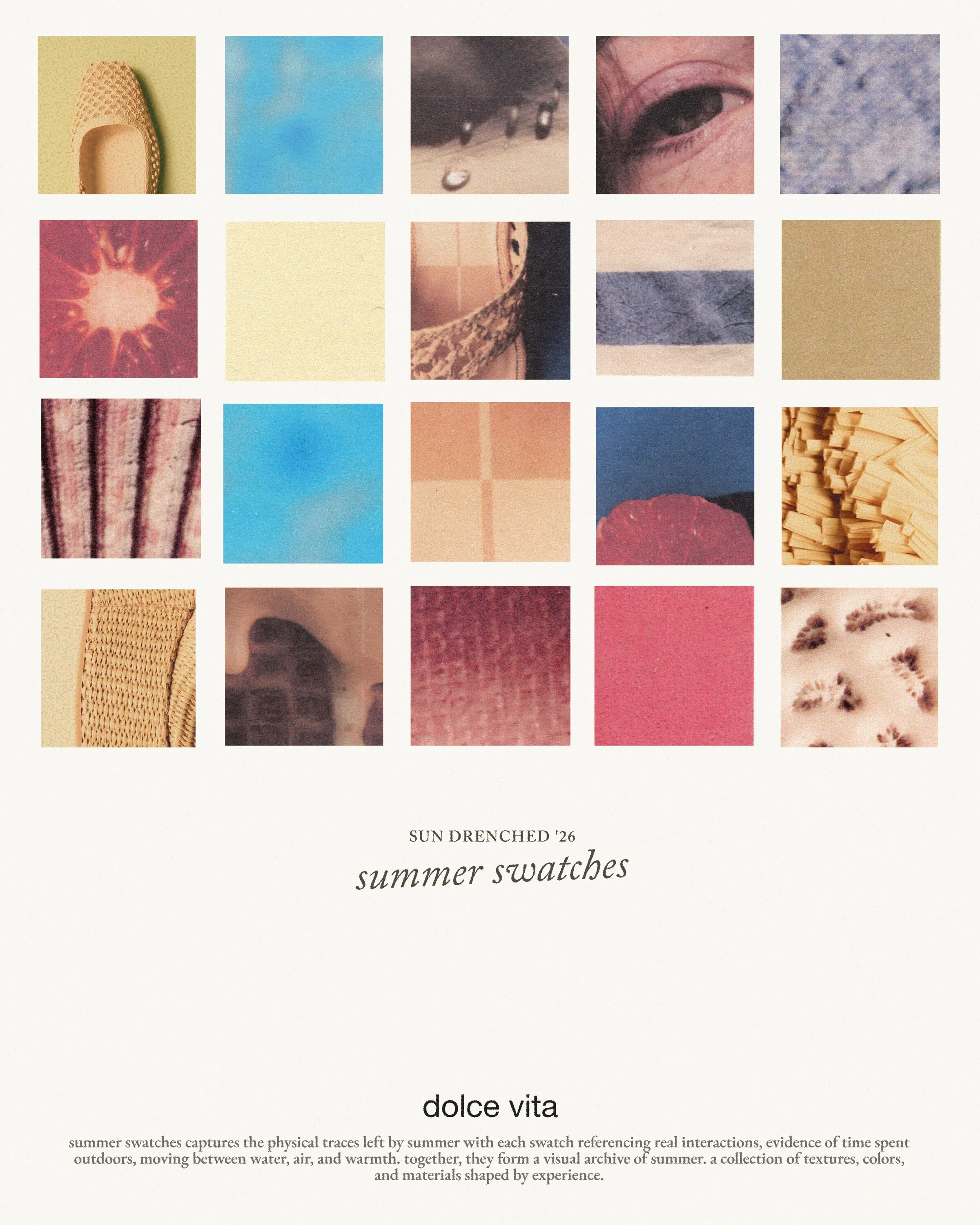 Summer Swatches post: a grid of twenty color and texture swatches above the campaign title