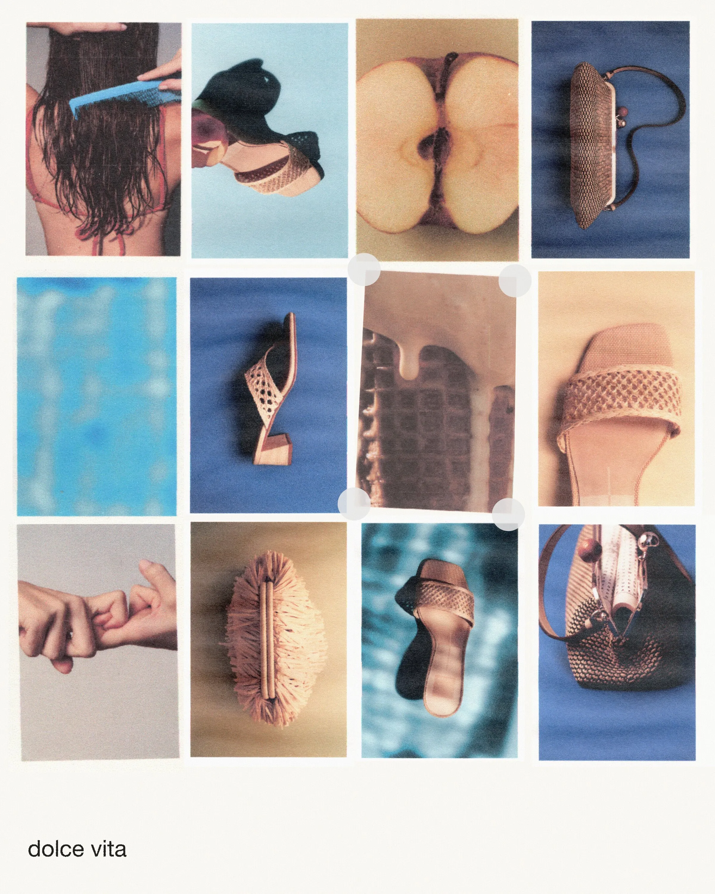 Summer Swatches post: a grid of photos mixing skin, water, fruit and raffia shoes