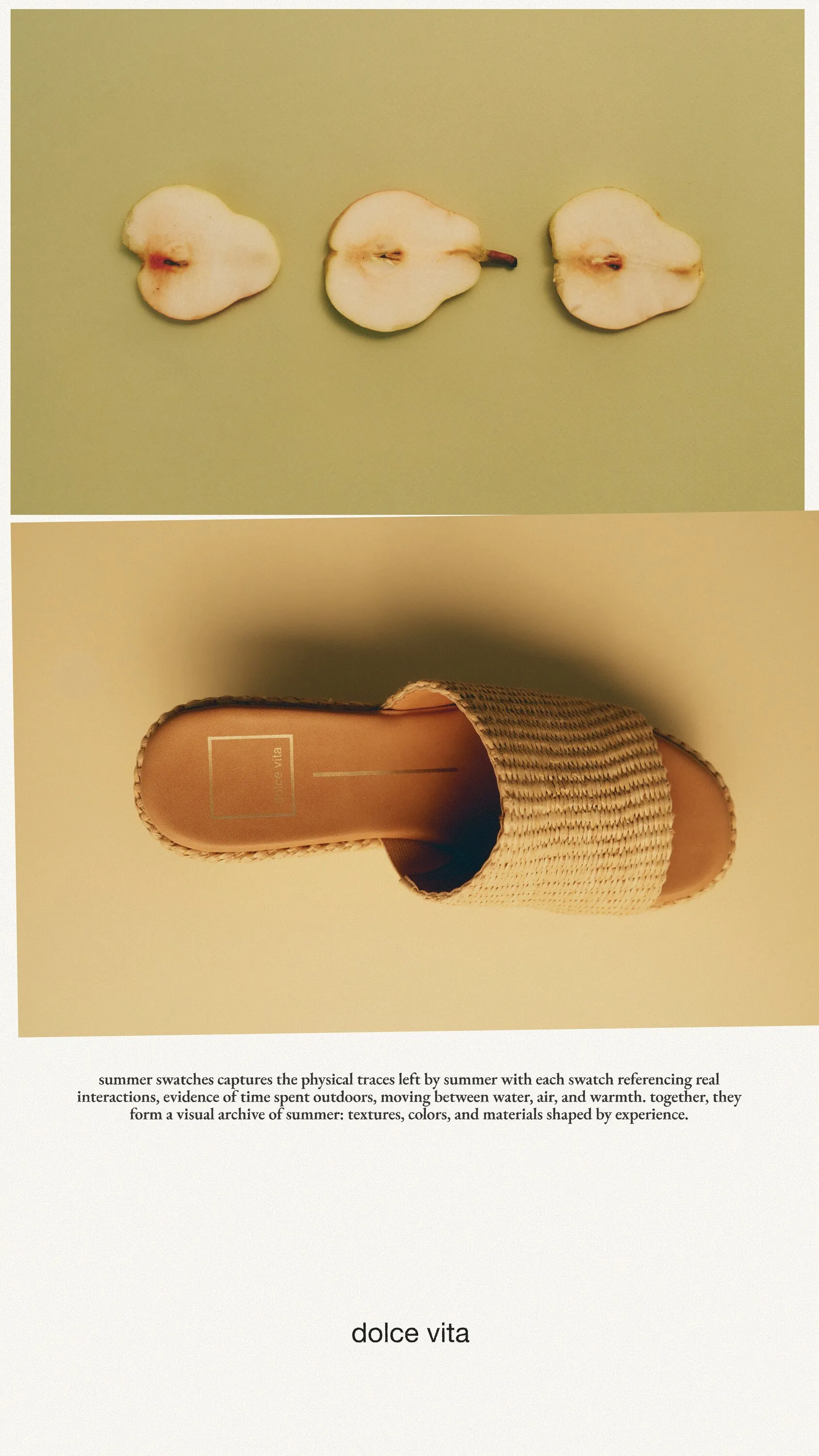 Summer Swatches story: sliced pears on green above a raffia slide sandal