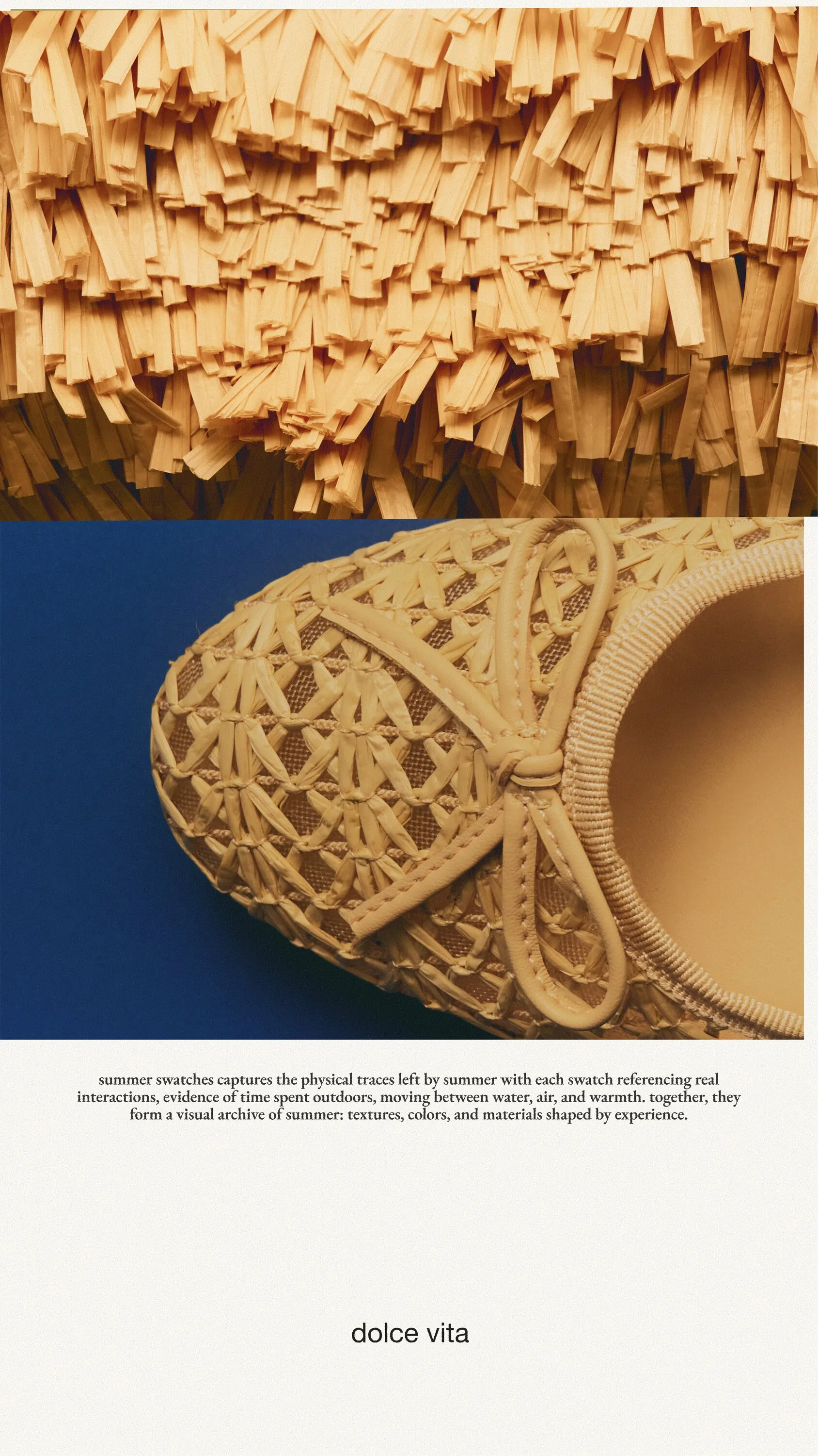 Summer Swatches story: shredded raffia above a woven raffia flat with a bow on blue
