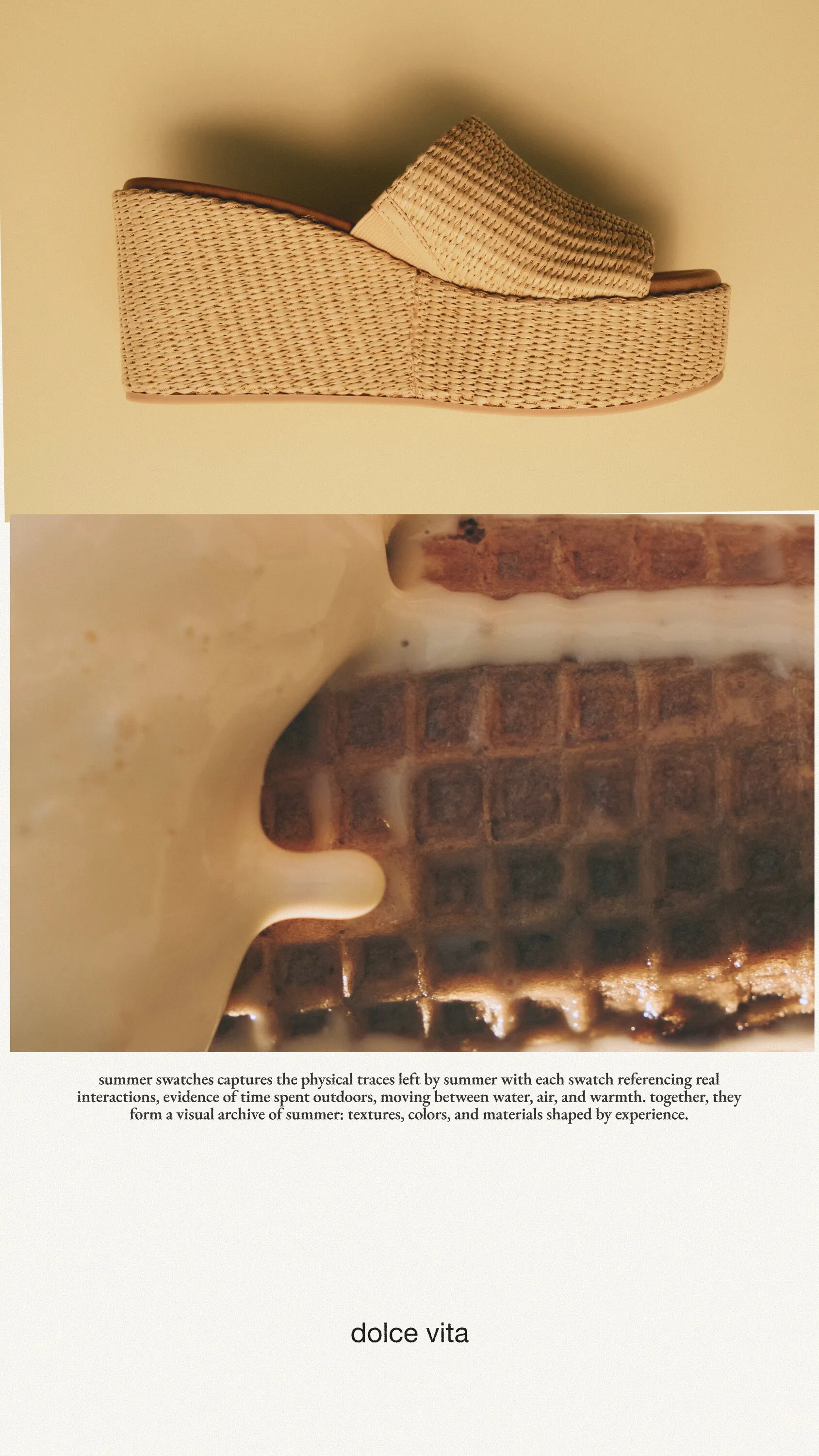 Summer Swatches story: a raffia wedge sandal above a close-up of a melted waffle texture