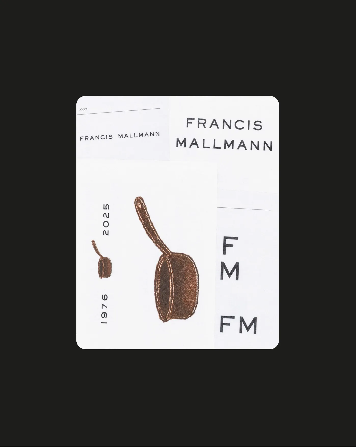 Francis Mallmann logo studies: wordmark, stacked name, FM monogram and a copper pan illustration dated 1976 to 2025
