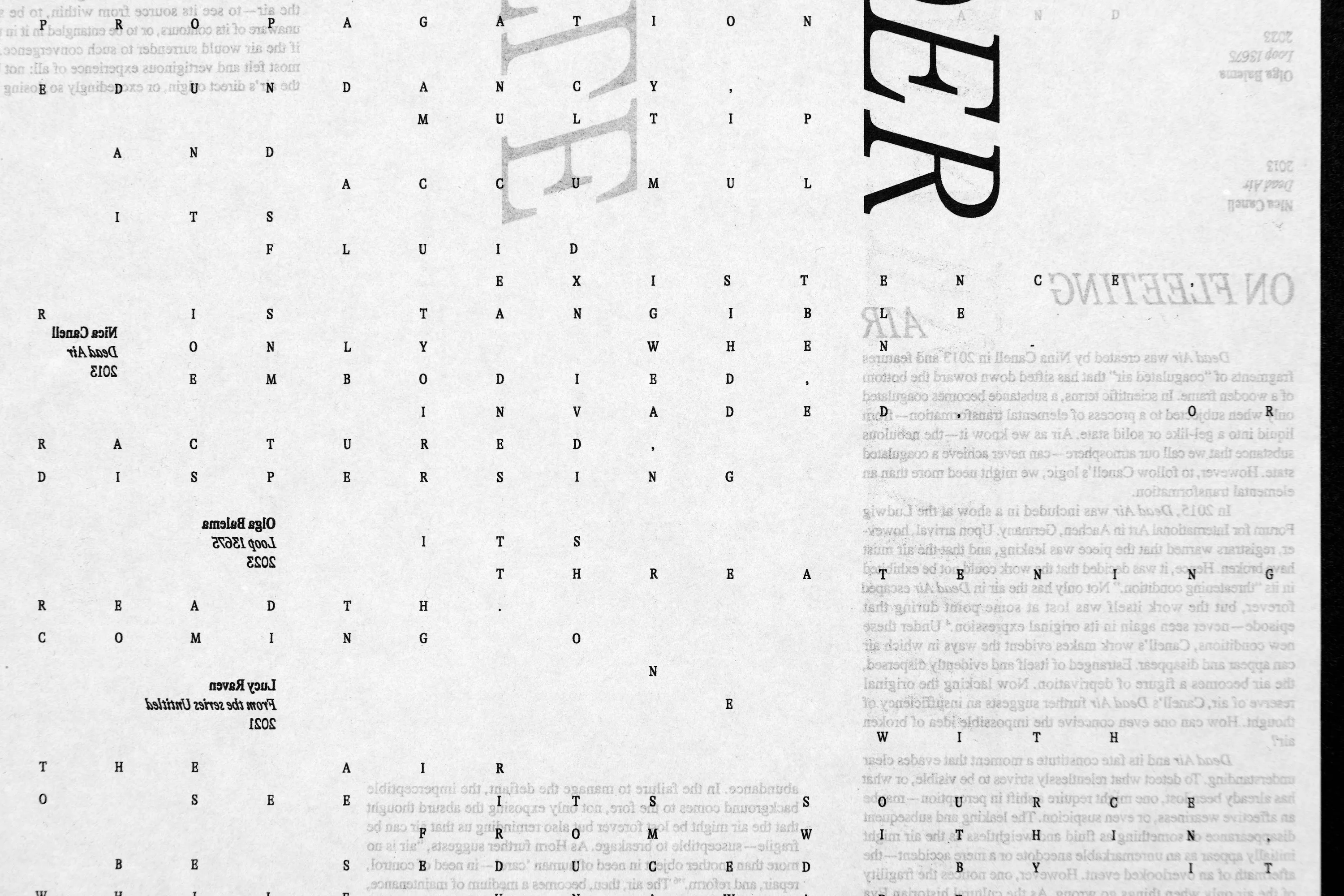 Detail of A Subtle Remainder layout with scattered letters and vertical type