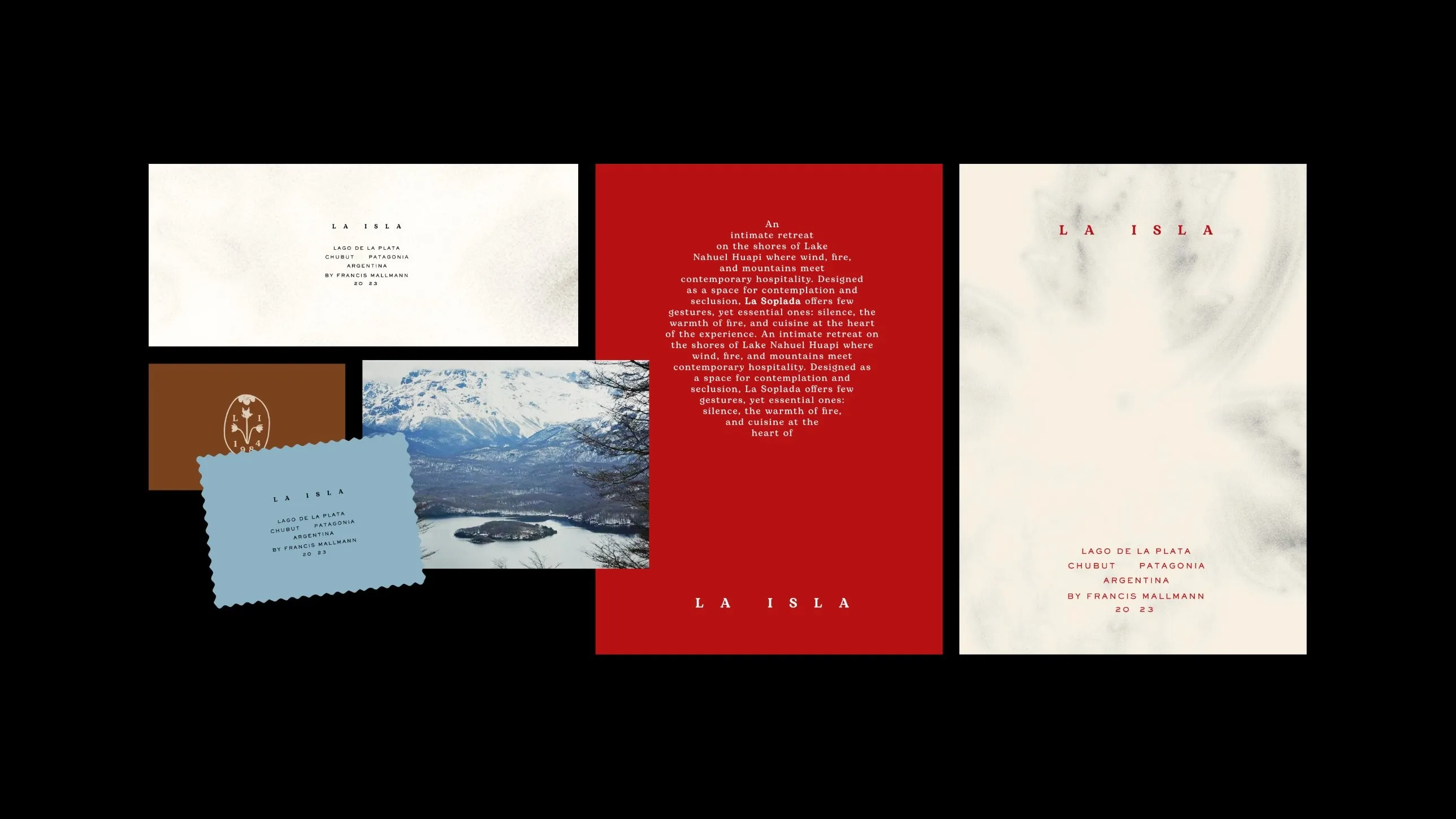 La Isla stationery on black: envelope, seal card, pinked blue card, red booklet and marbled menu cover