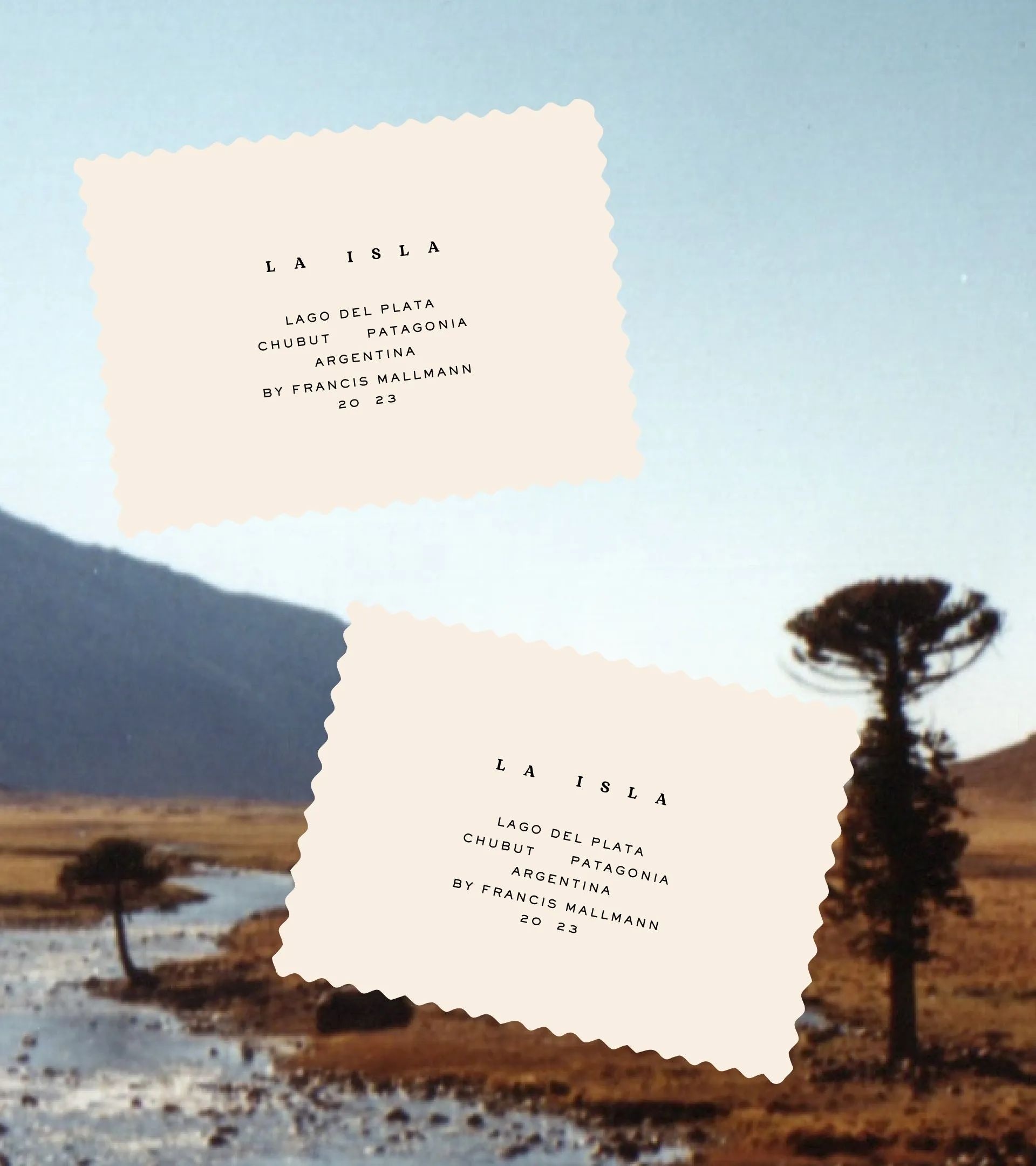 Two pinked cream La Isla cards over a Patagonian river and araucaria