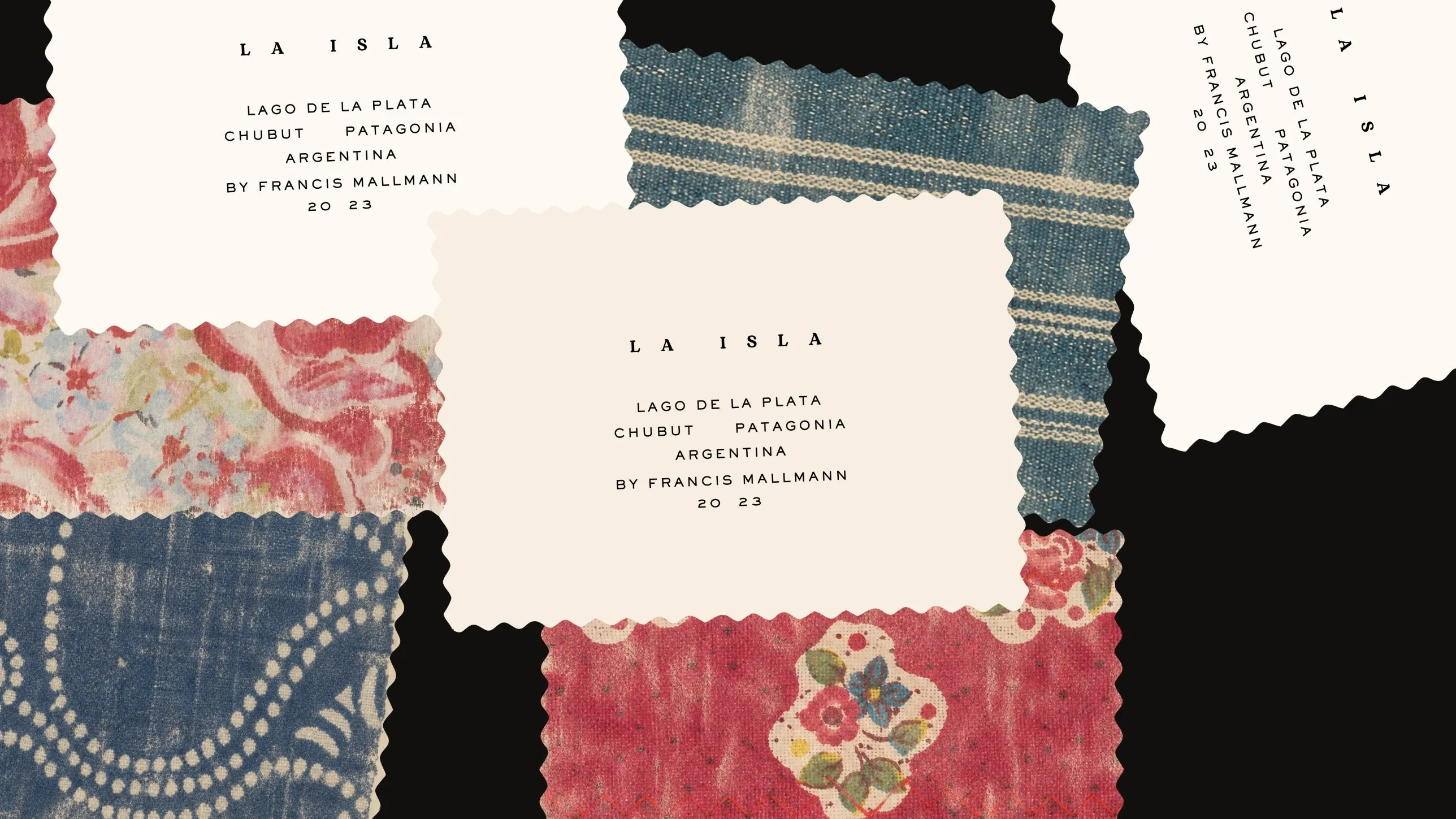 Pinked La Isla cards layered with faded floral and indigo textile swatches