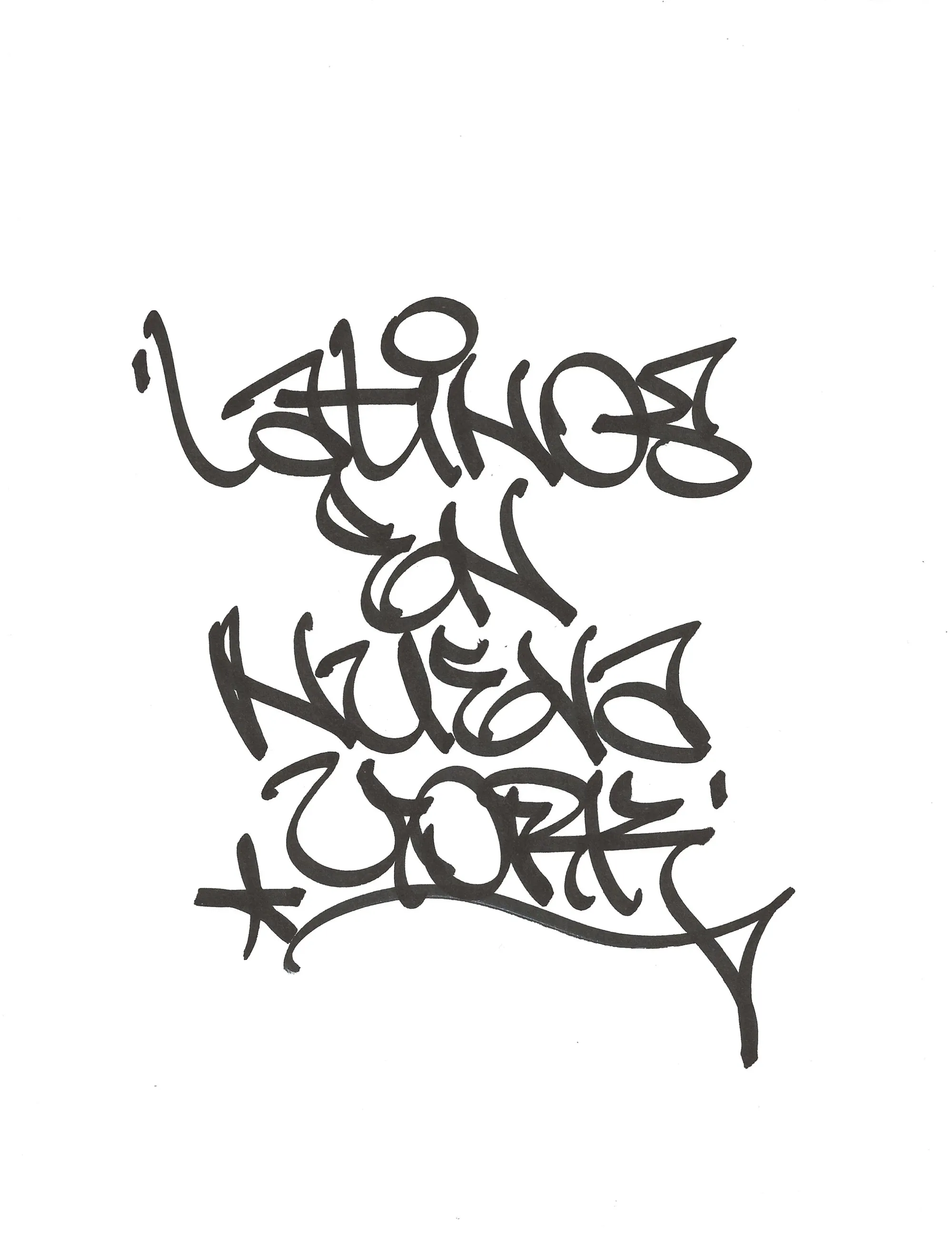 Hand lettering of "Latinos en Nueva York" by Geshu RYB IRAK, thin black tag