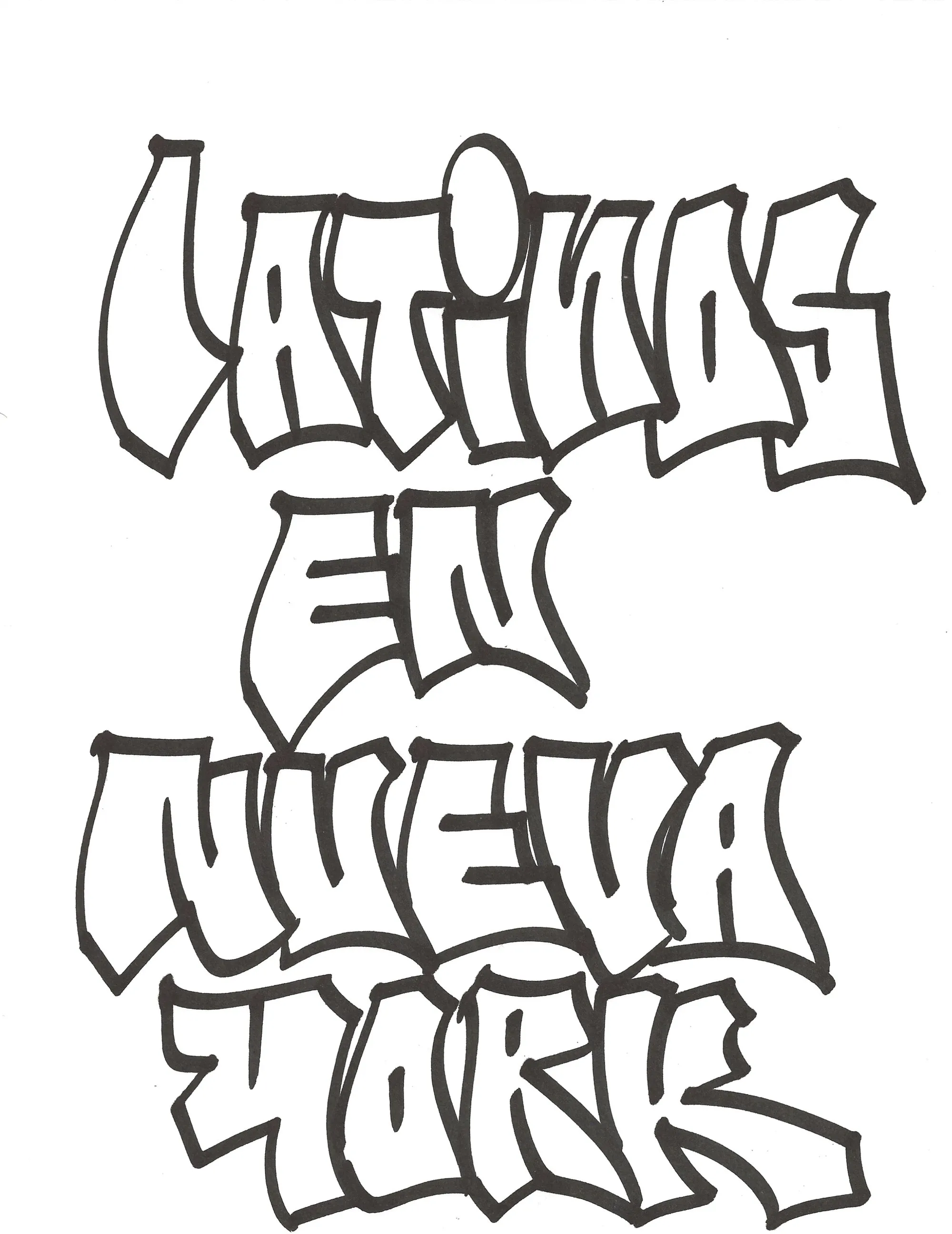Hand lettering of "Latinos en Nueva York" by Geshu RYB IRAK, bold black outline letters