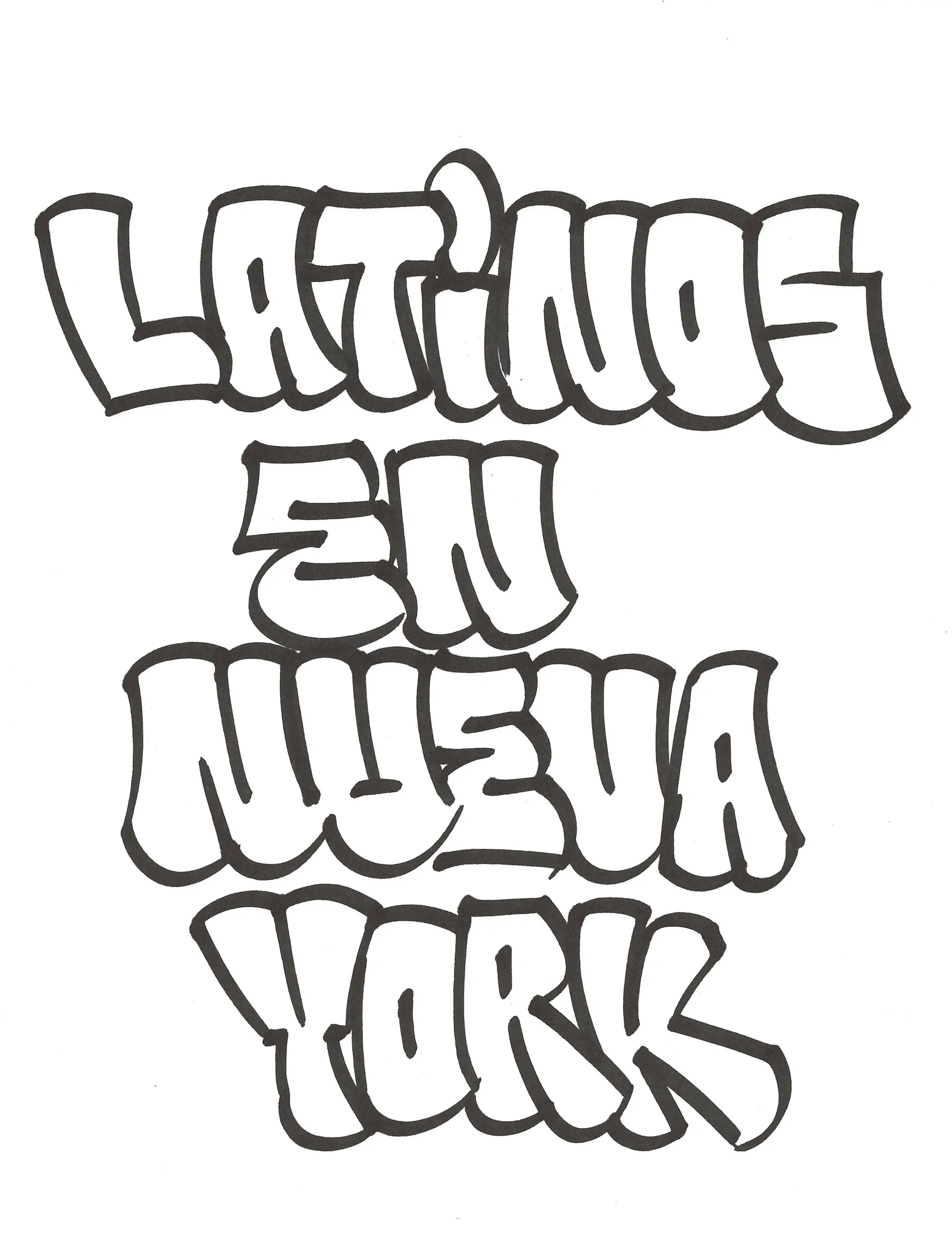 Hand lettering of "Latinos en Nueva York" by Geshu RYB IRAK, bold black outline letters