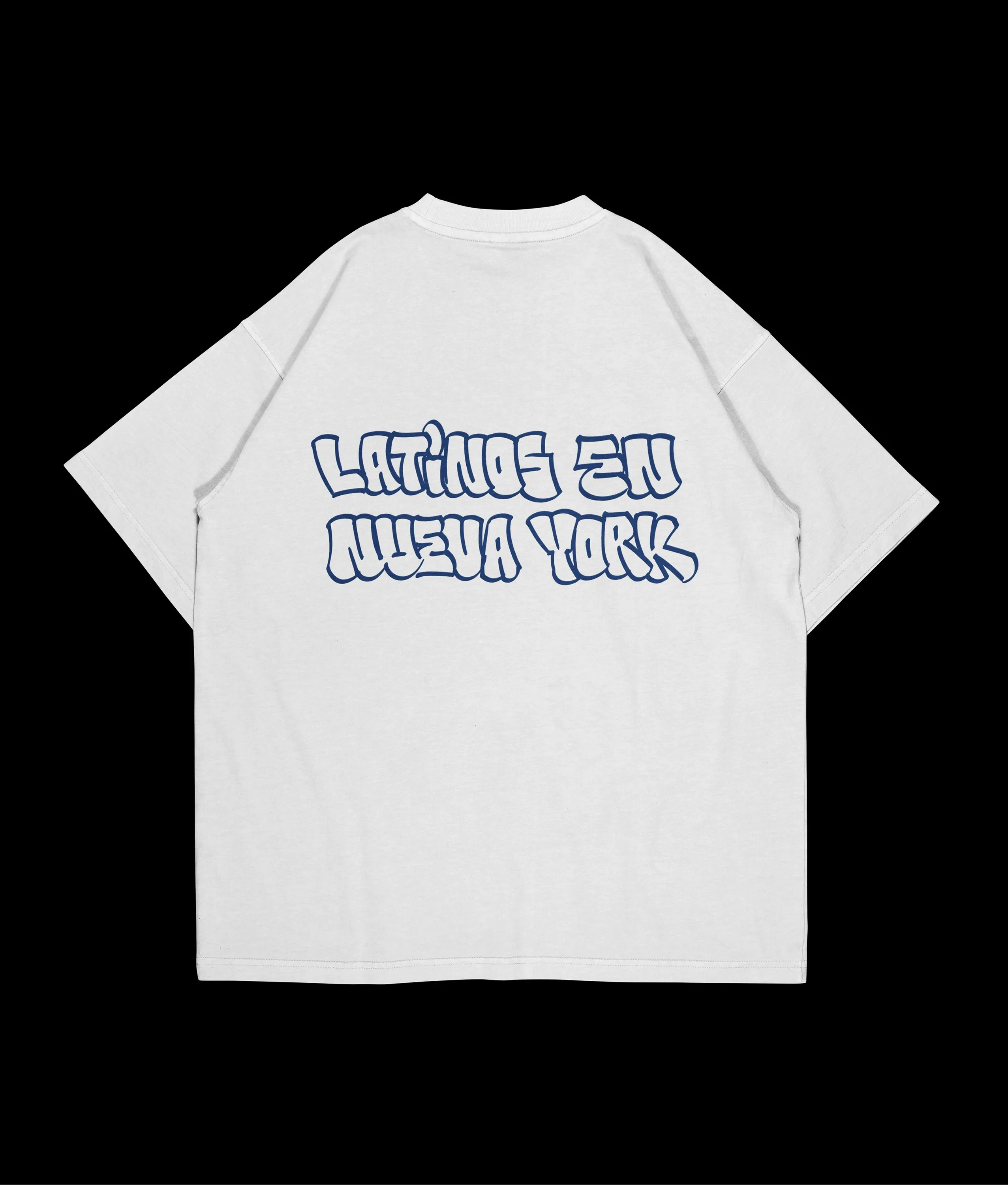 White t-shirt with Latinos en Nueva York lettering in blue, on black