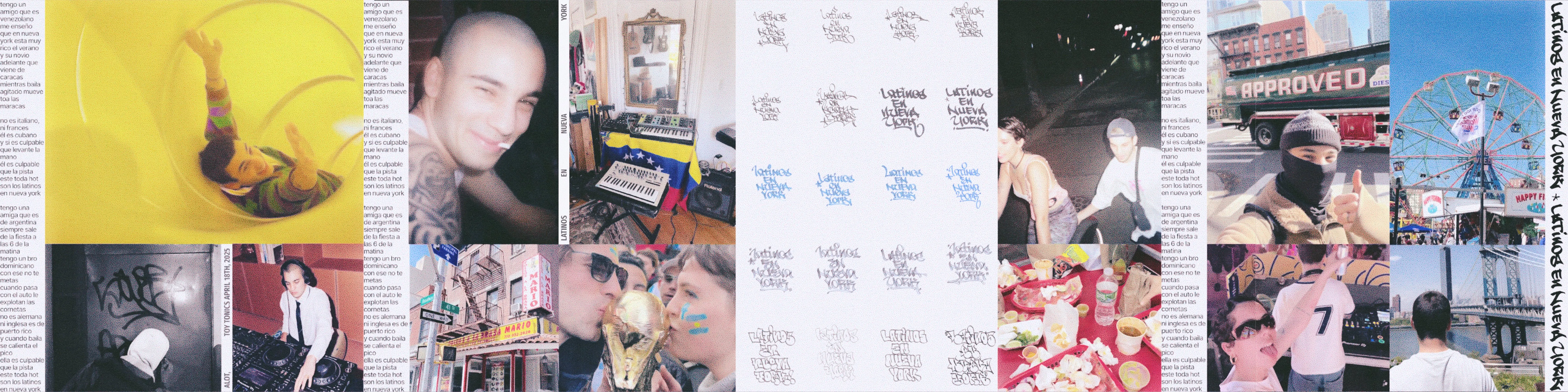 Latinos en Nueva York release posts: lyrics in narrow columns beside photos of New York nights, friends, a DJ and graffiti