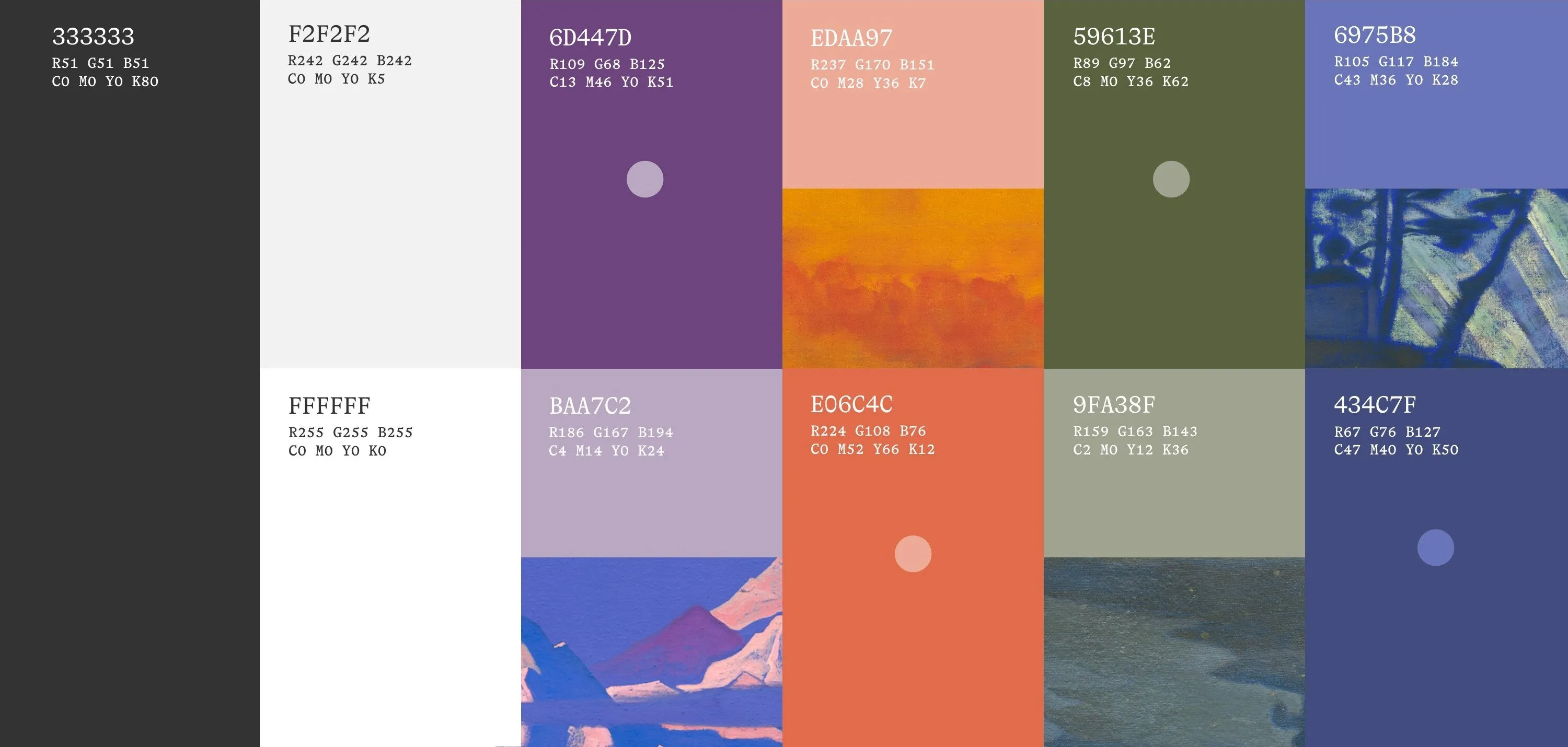 Color palette taken from Roerich's paintings: charcoal, off-white, violet, lilac, coral, olive, sage and two blues