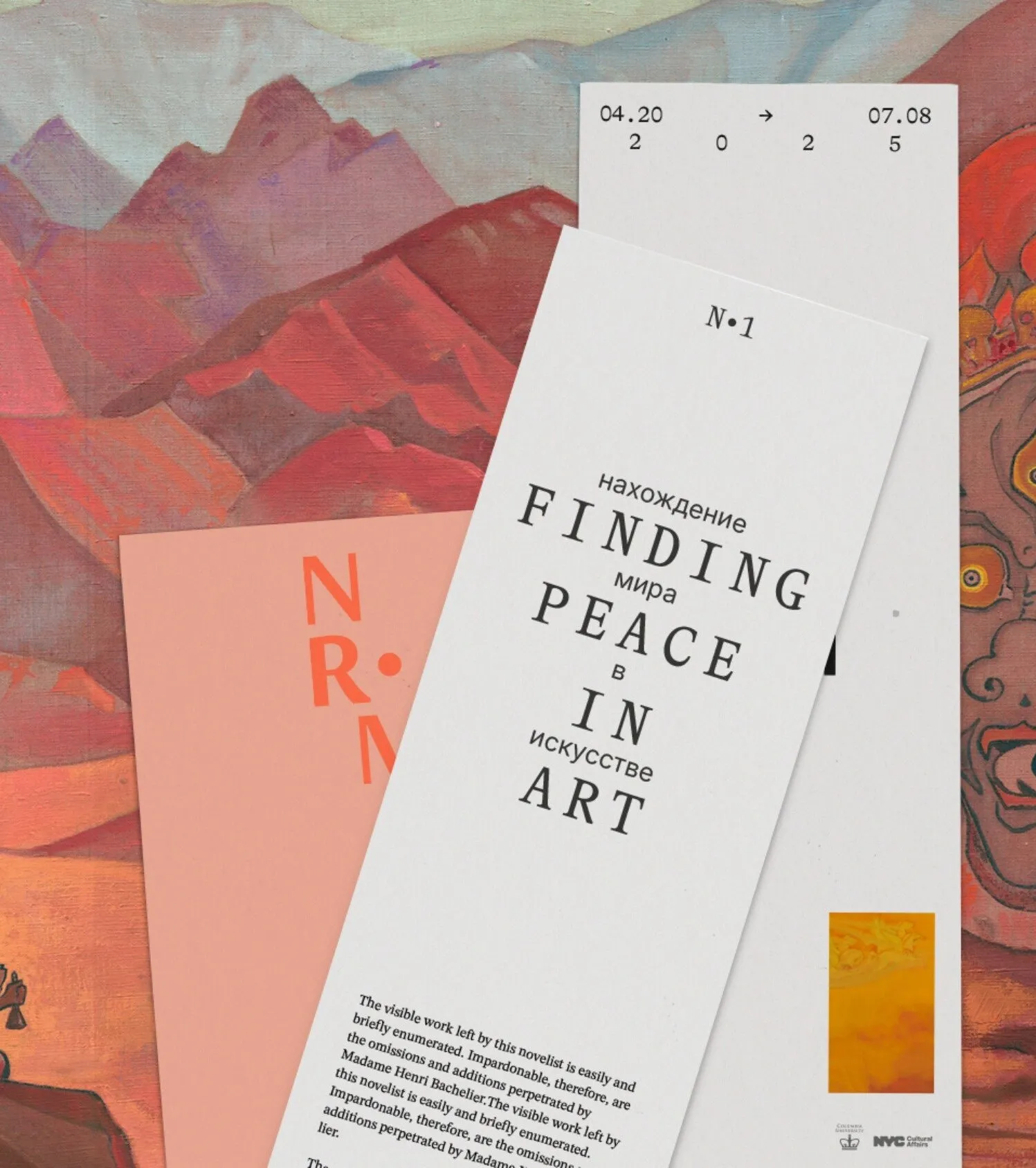 Finding Peace in Art leaflet over a pink Roerich mountain painting