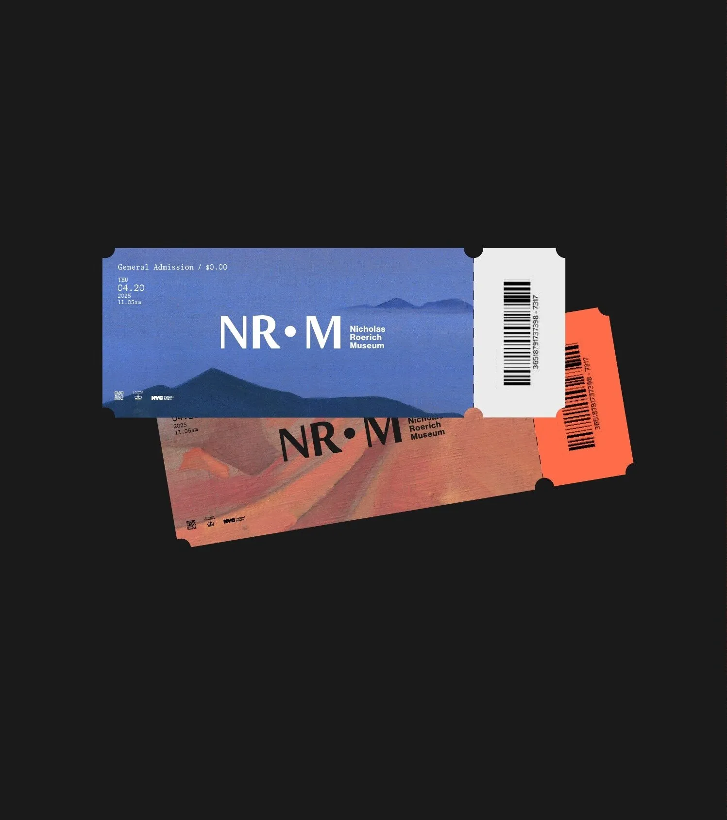 Museum tickets in blue and coral with the NR•M logotype, on black