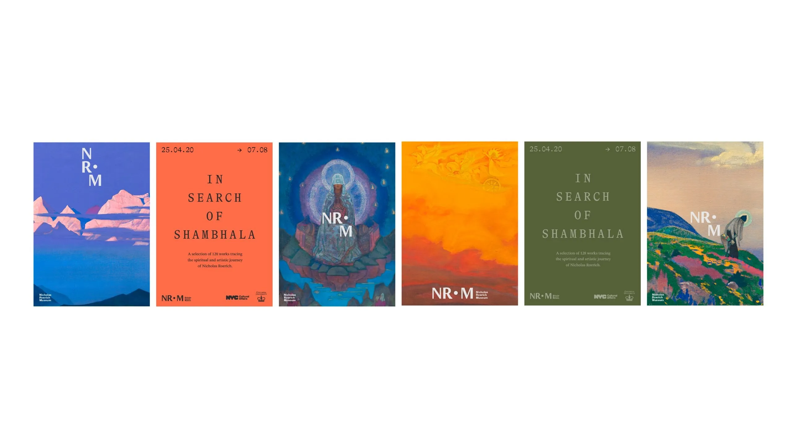 Six exhibition posters in a row: Roerich paintings with the NR•M logotype and In Search of Shambhala in coral and olive