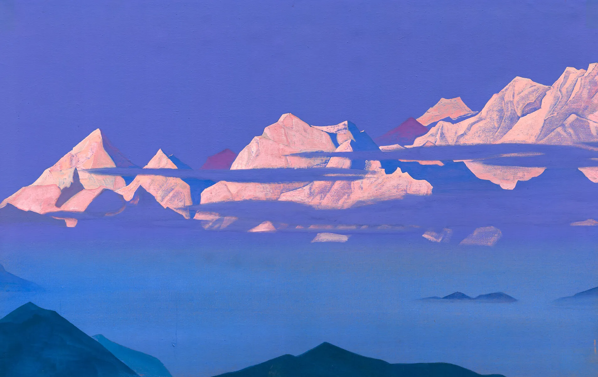 Nicholas Roerich painting of pink Himalayan peaks above blue clouds