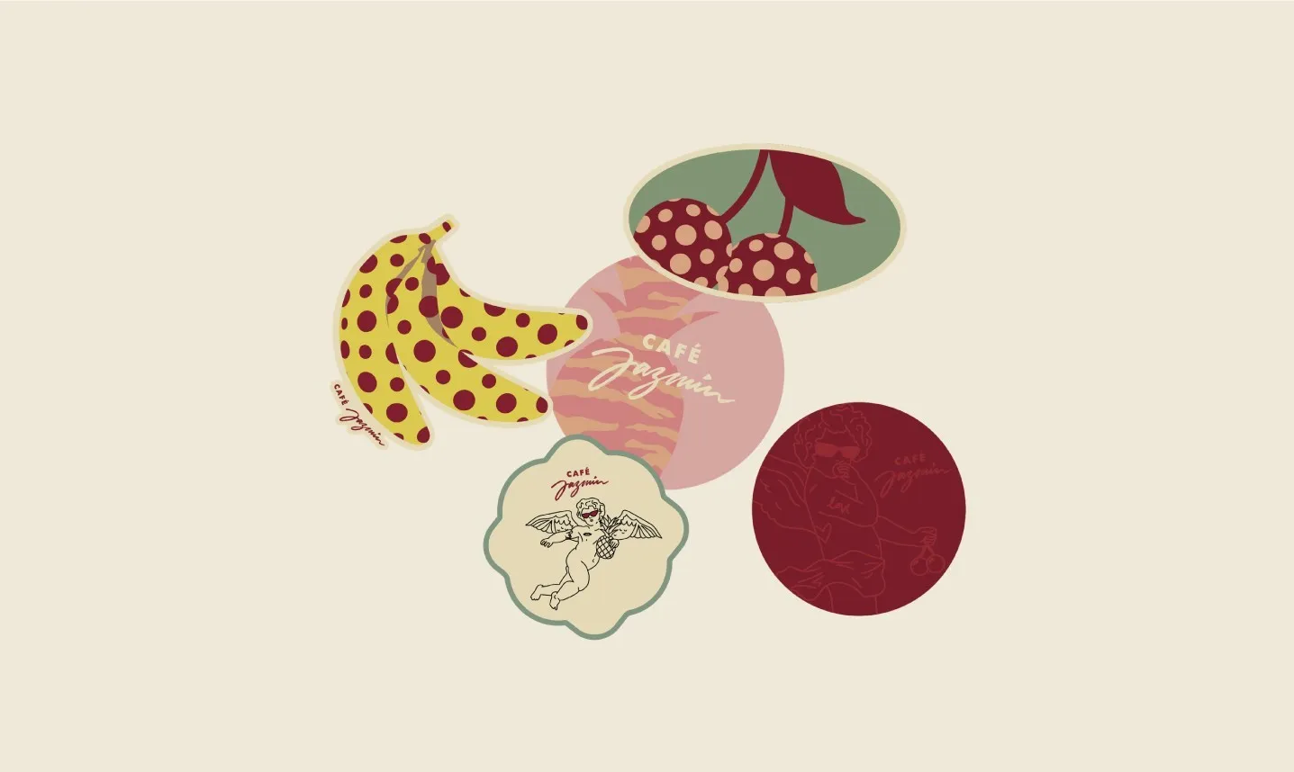 Café Jazmín stickers with polka dot bananas, cherries, and an angel