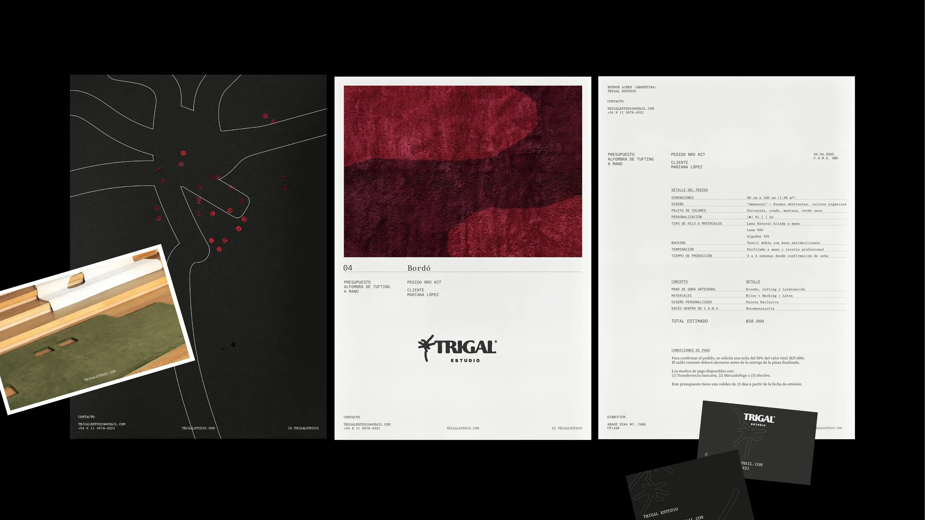 Trigal quote sheets for a hand-tufted rug, with a bordó rug photo and black business cards