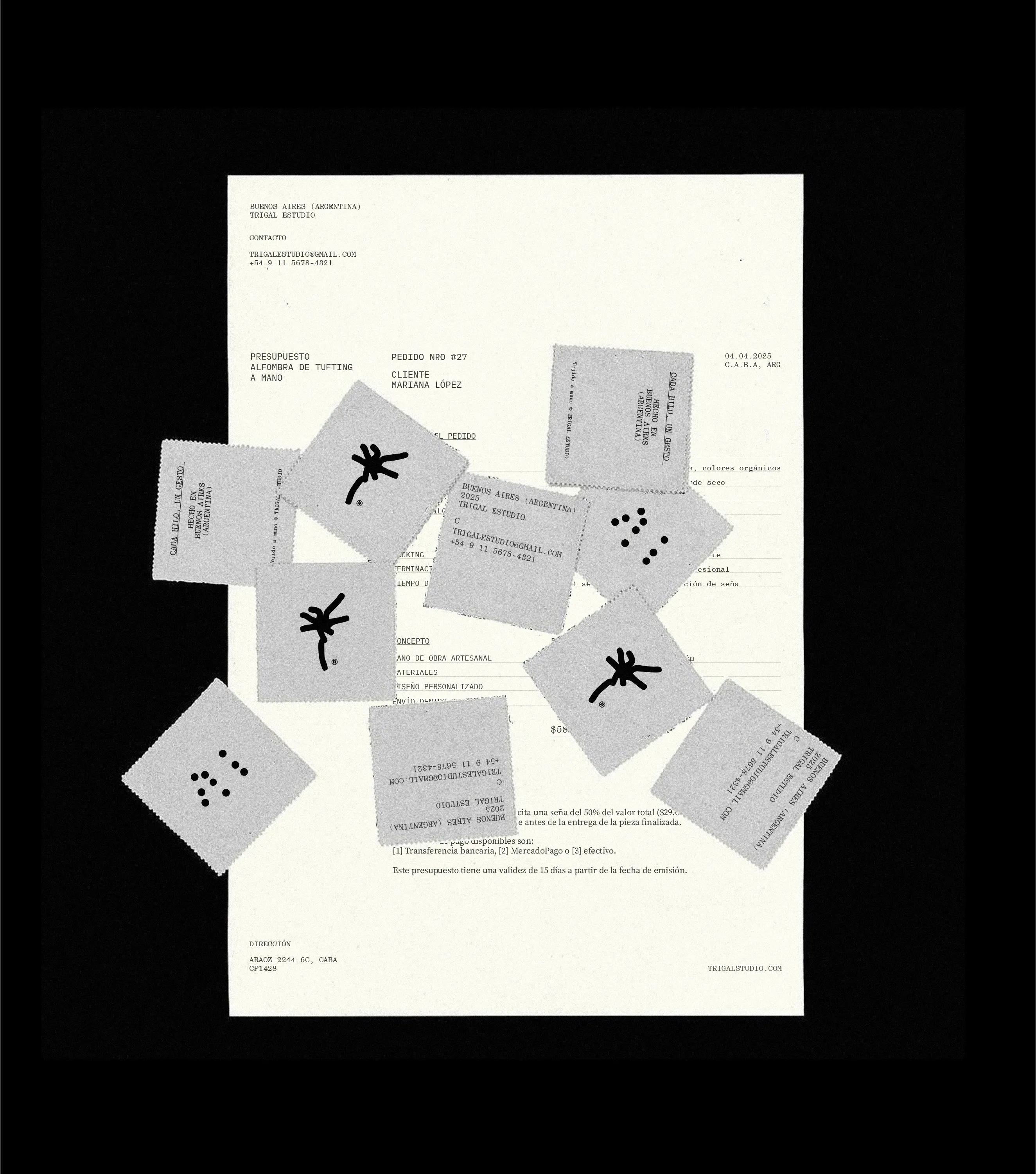 Pinked Trigal labels scattered over a quote sheet on black